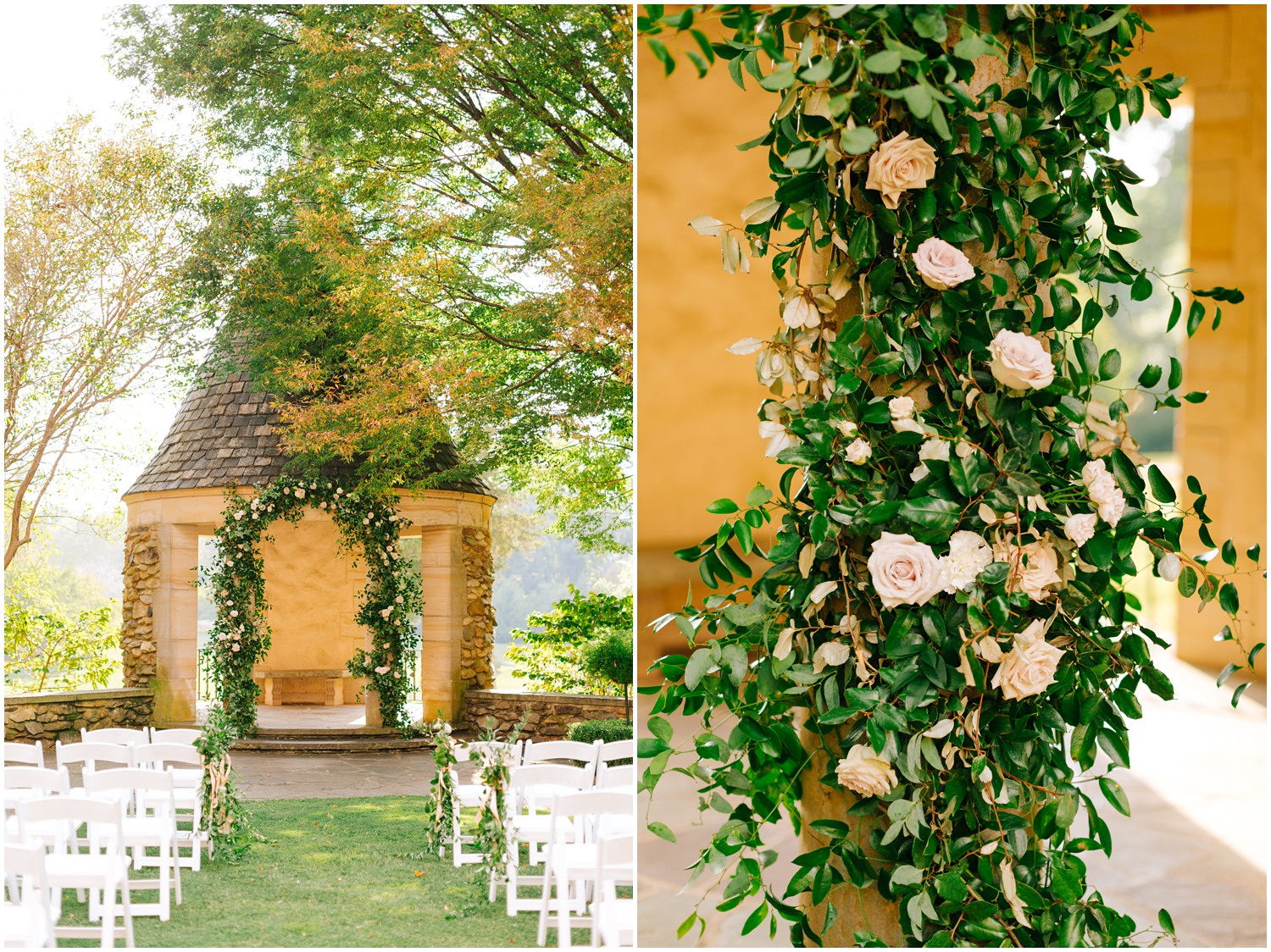 pink rose on greenery for floral arbor at fall wedding