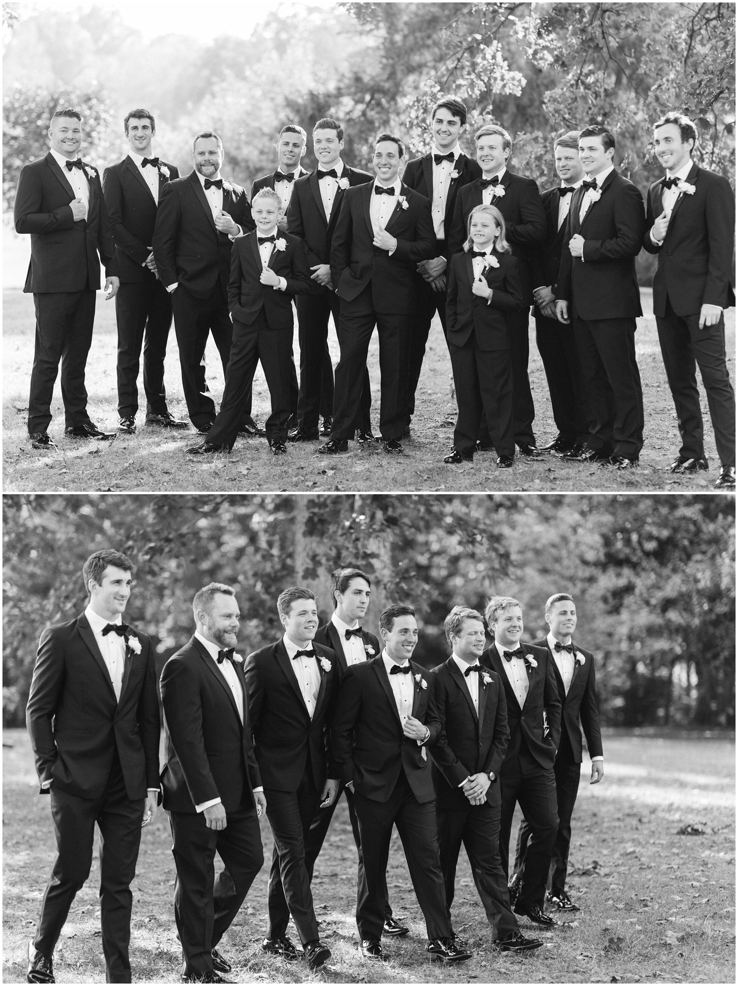 black and white portraits of groom with groomsmen, ushers, and ring bearers at Graylyn Estate