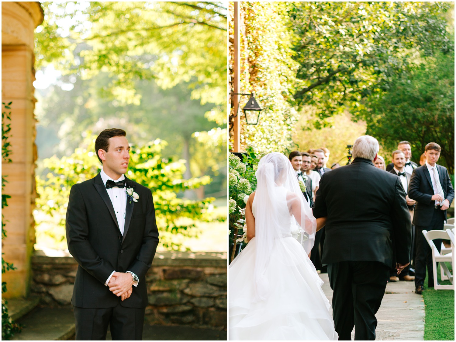 bride enters wedding ceremony and groom's reaction during Winston-Salem NC wedding