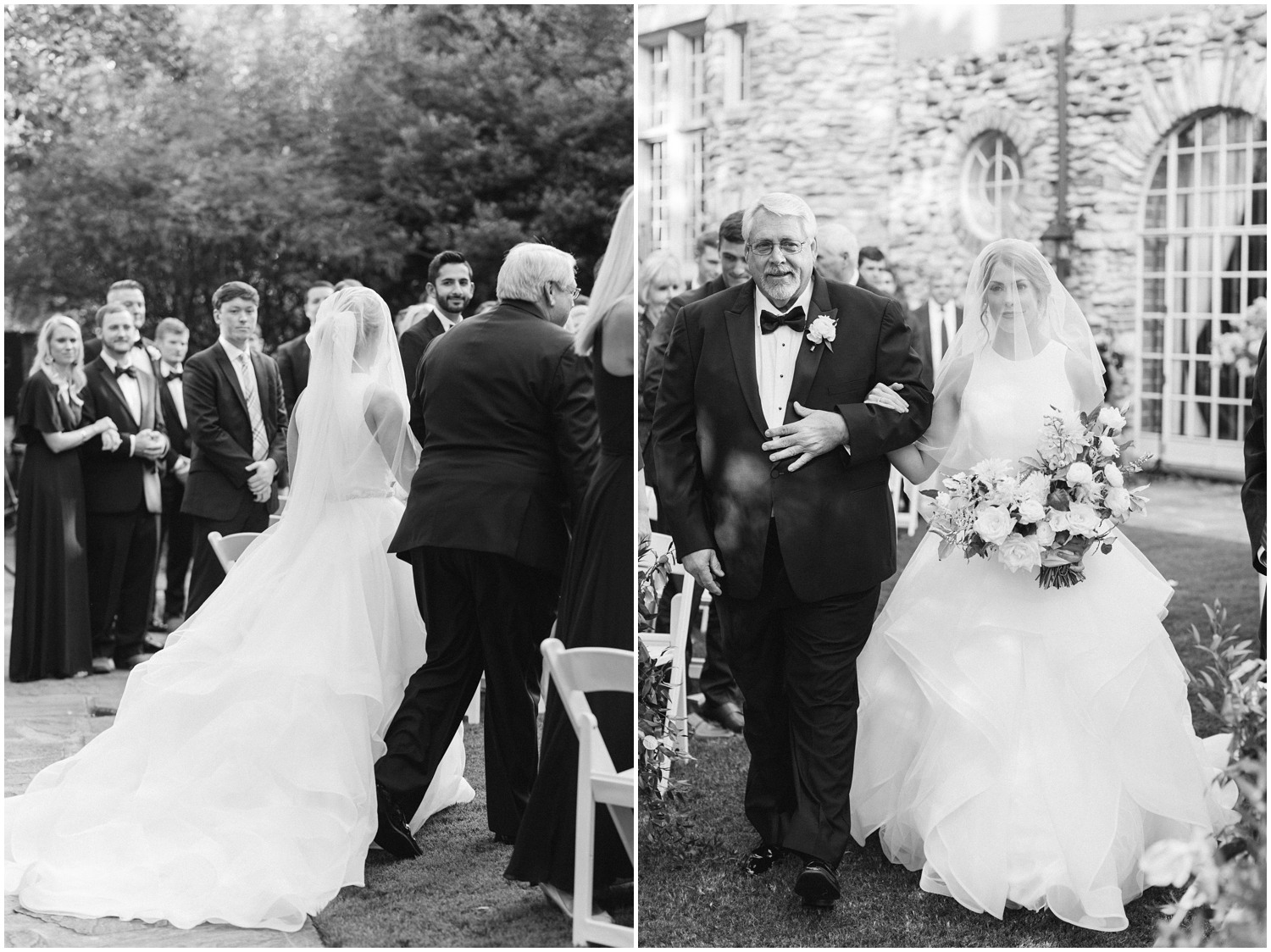 Father escorts bride down the aisle for outdoor wedding ceremony at Graylyn Estate