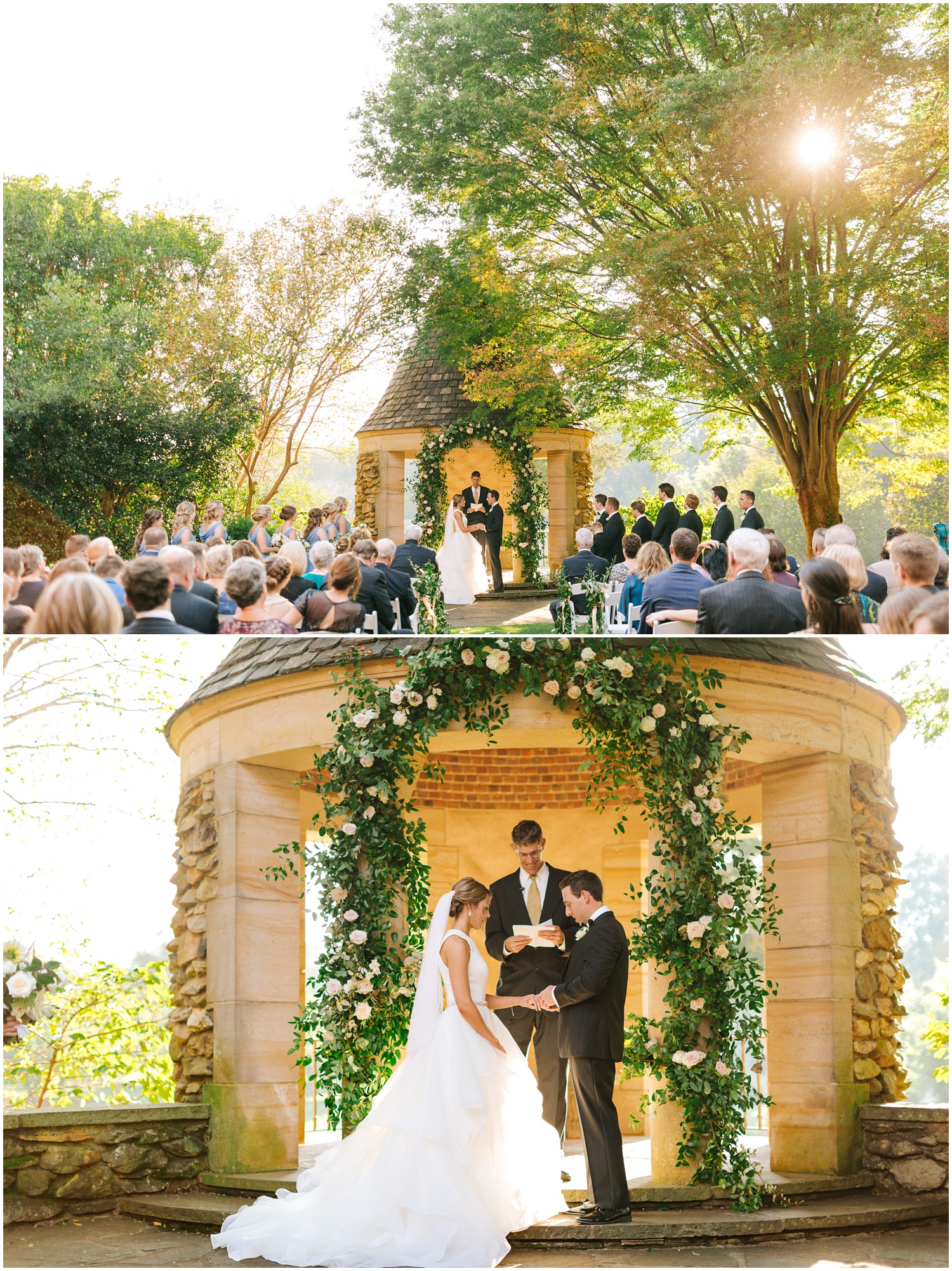 bride and groom exchange vows by stone gazebo at Graylyn Estate