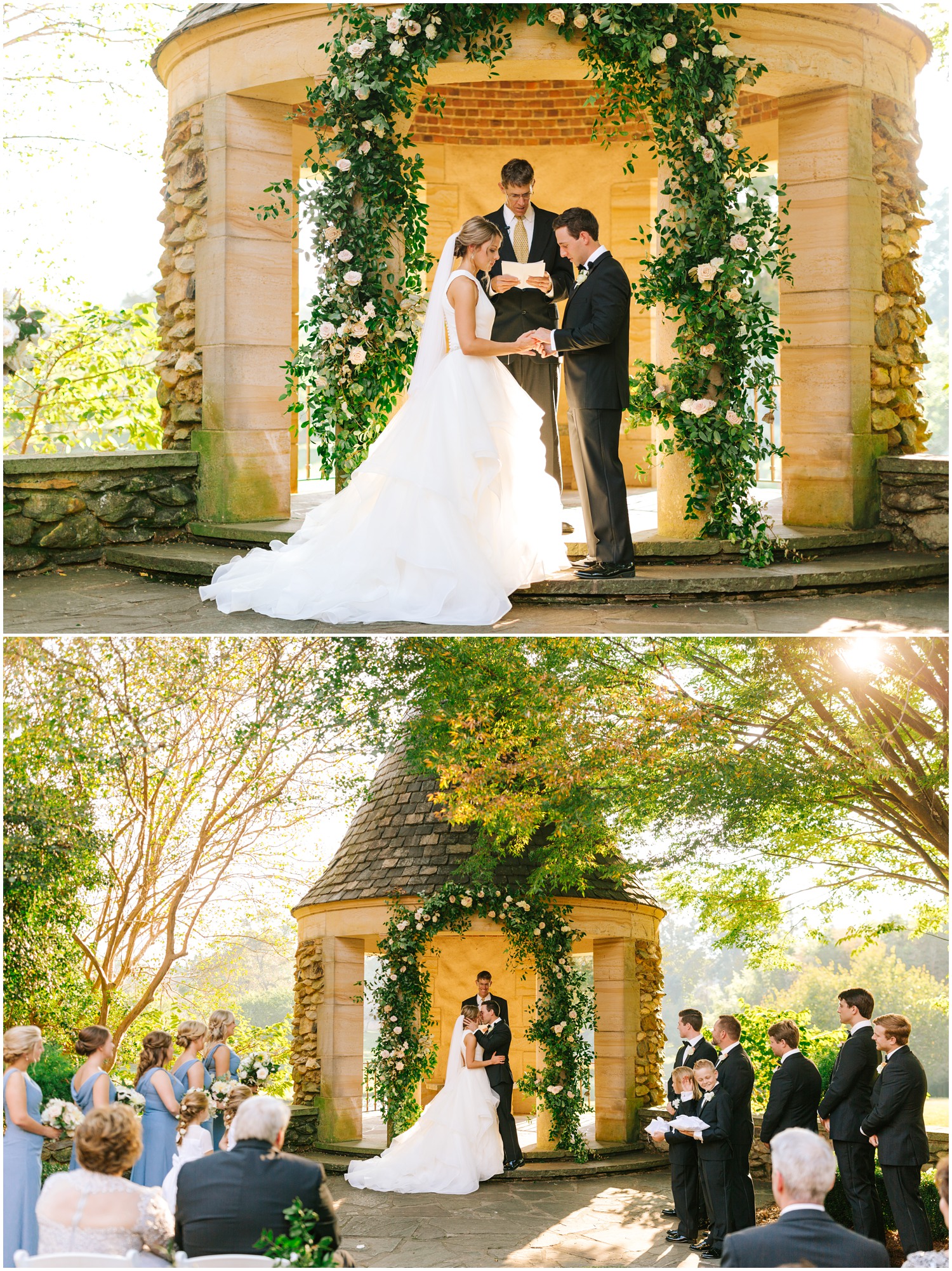 Graylyn Estate wedding ceremony under floral arch at gazebo