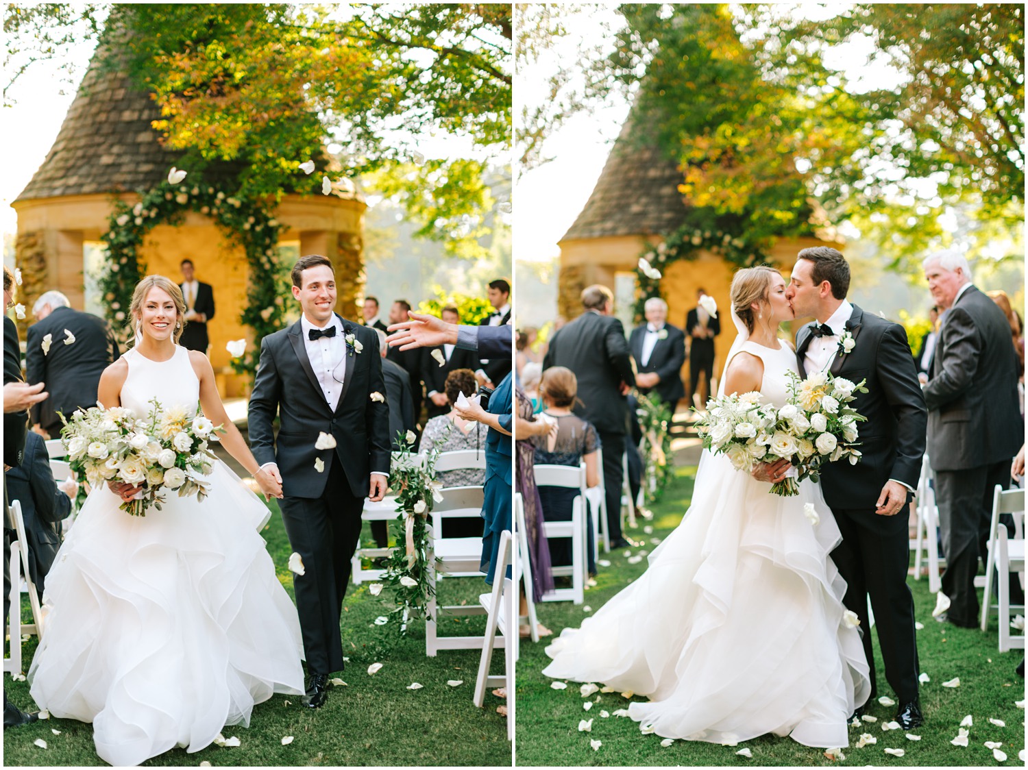 bride and groom kiss at the end of aisle while guest throw flower petals at Graylyn Estate
