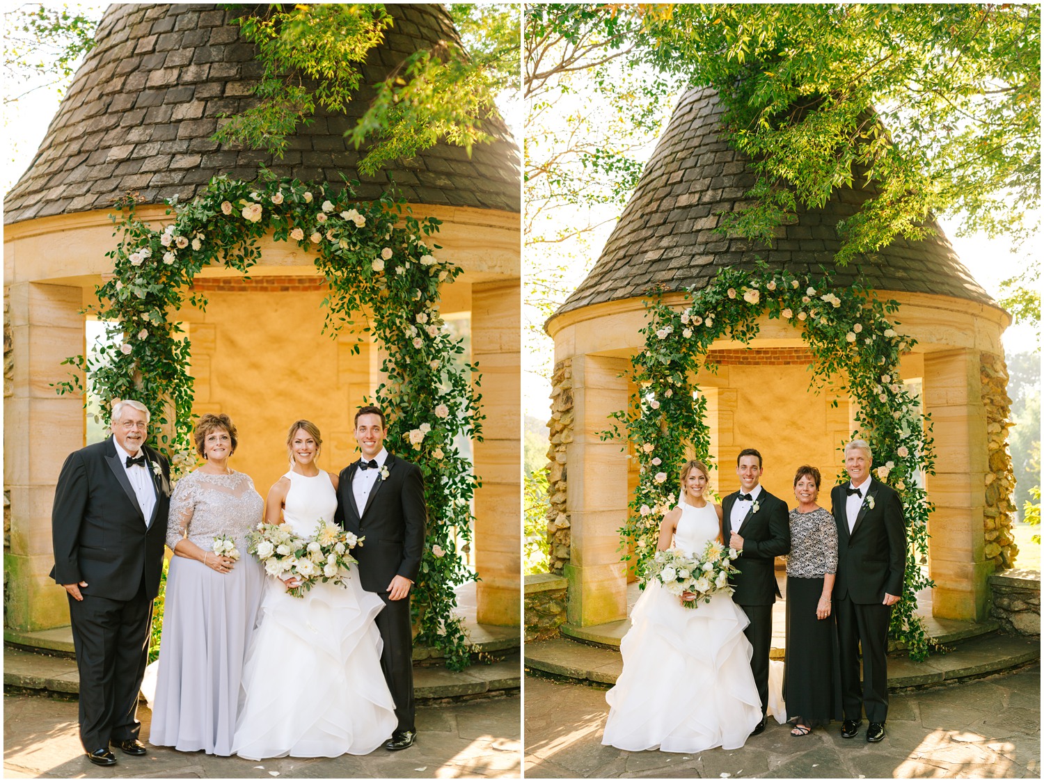 bride and groom with parents for family formals under flower arch