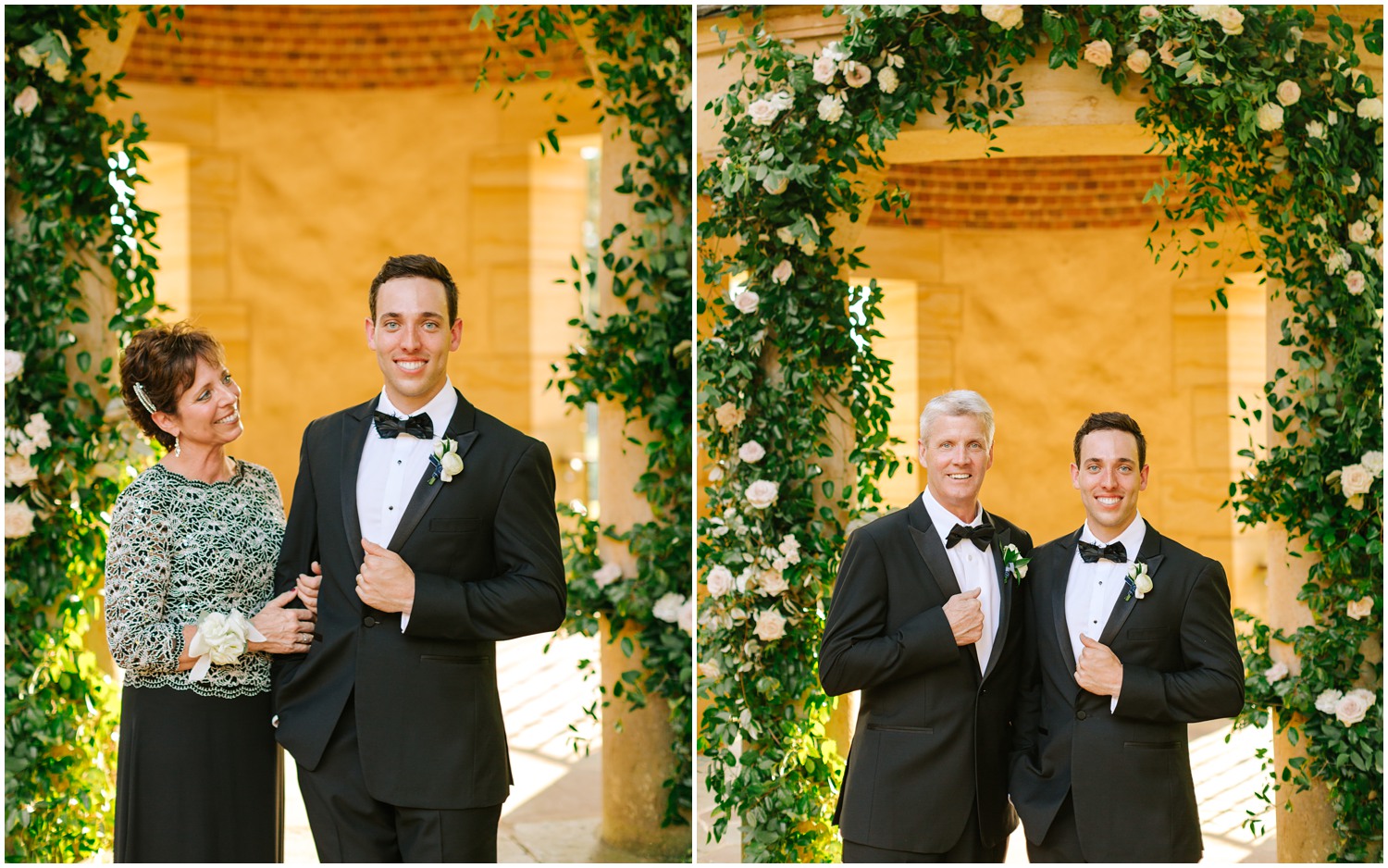groom poses with parents under floral arch at Graylyn Estate