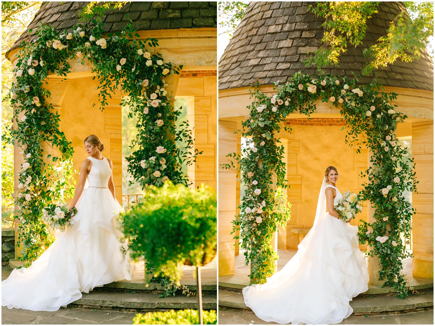 bride poses under floral arch with rose details