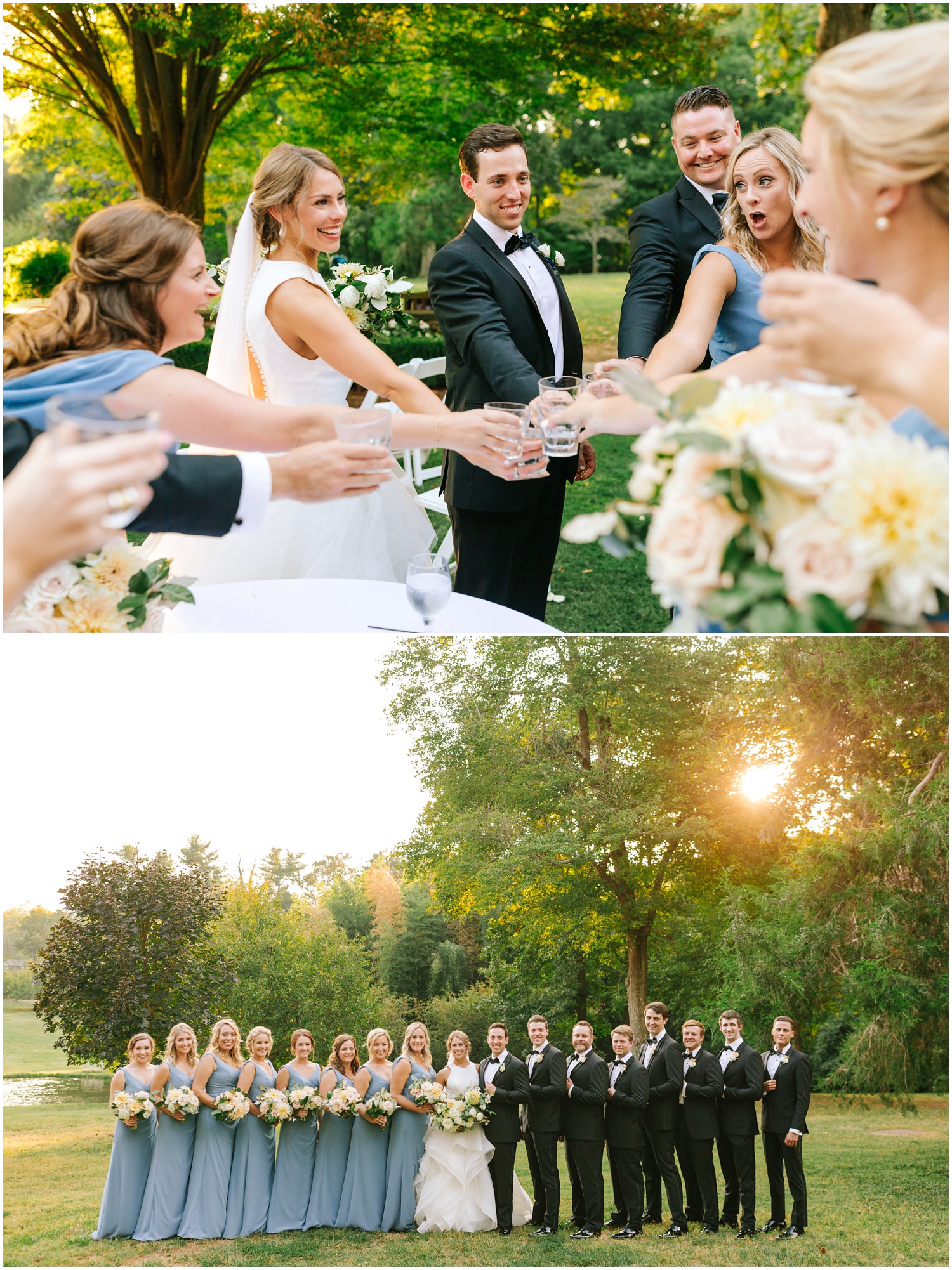 bridal party toasts with bride and groom before NC wedding