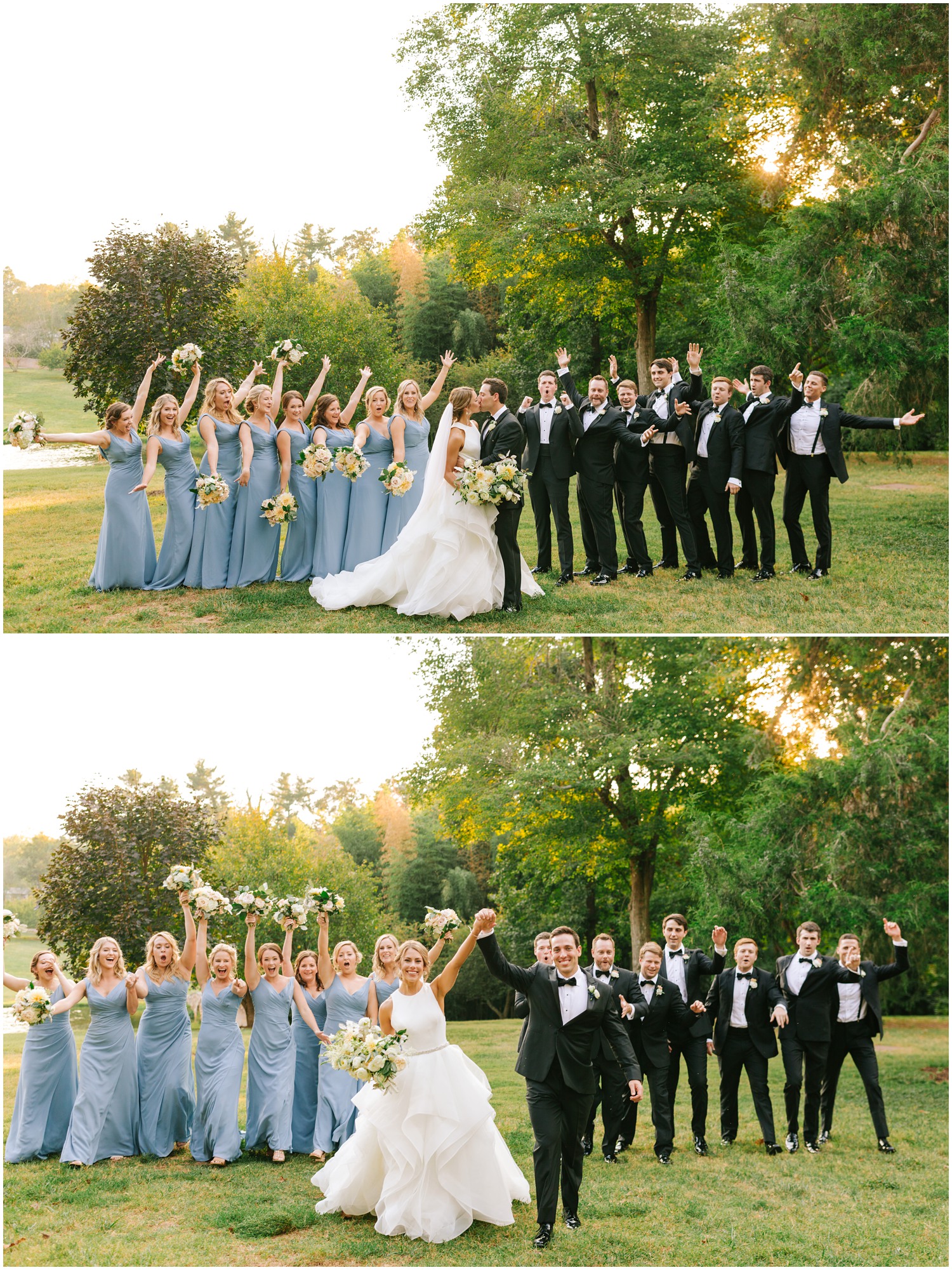 bridal party portraits with bridesmaids cheering with bouquets in the air and groomsmen in tuxes for Winston-Salem wedding
