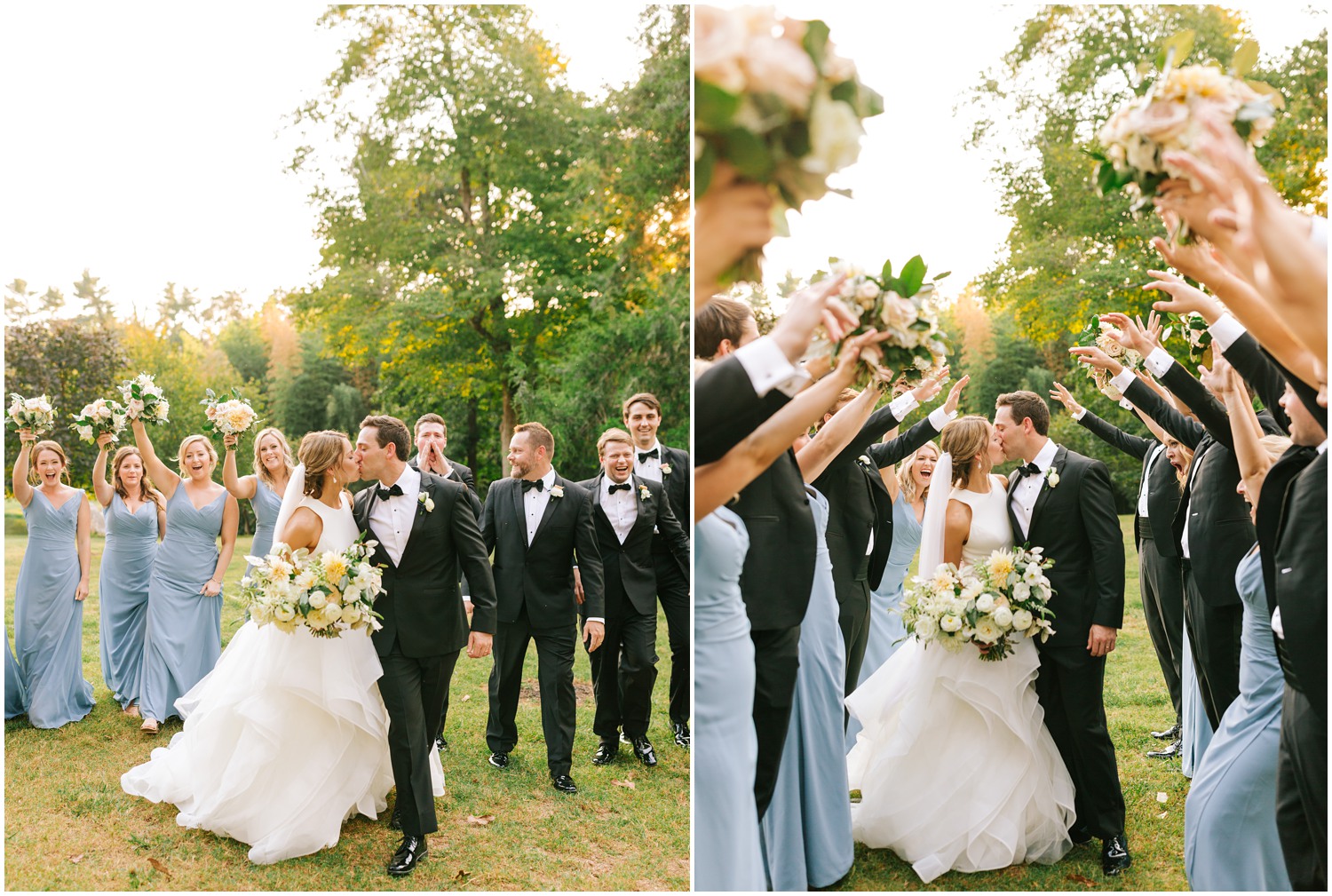 bridal party cheers while bride and groom kiss at Graylyn Estate