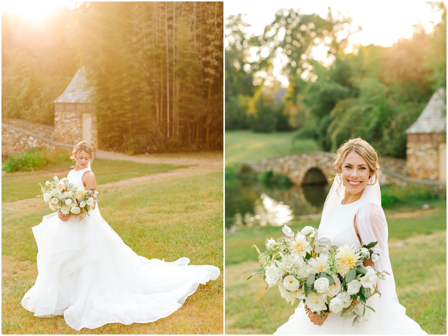 fall bridal portrait of bride holding white and ivory wedding bouquet at Graylyn Estate