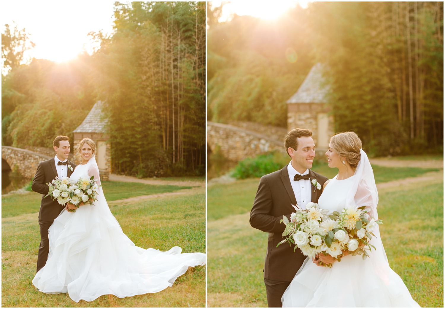 bride and groom portraits with sun-flare by stone bridge at Graylyn Estate