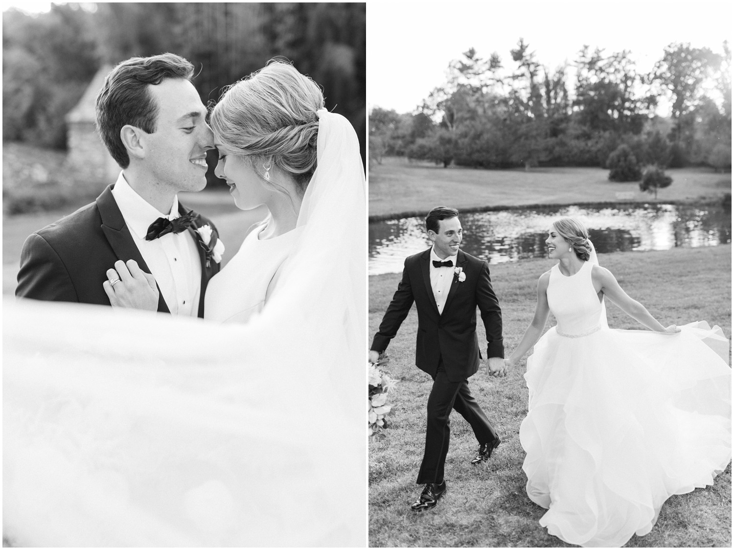 classic black and white portraits of bride and groom with bride's veil wrapped around them