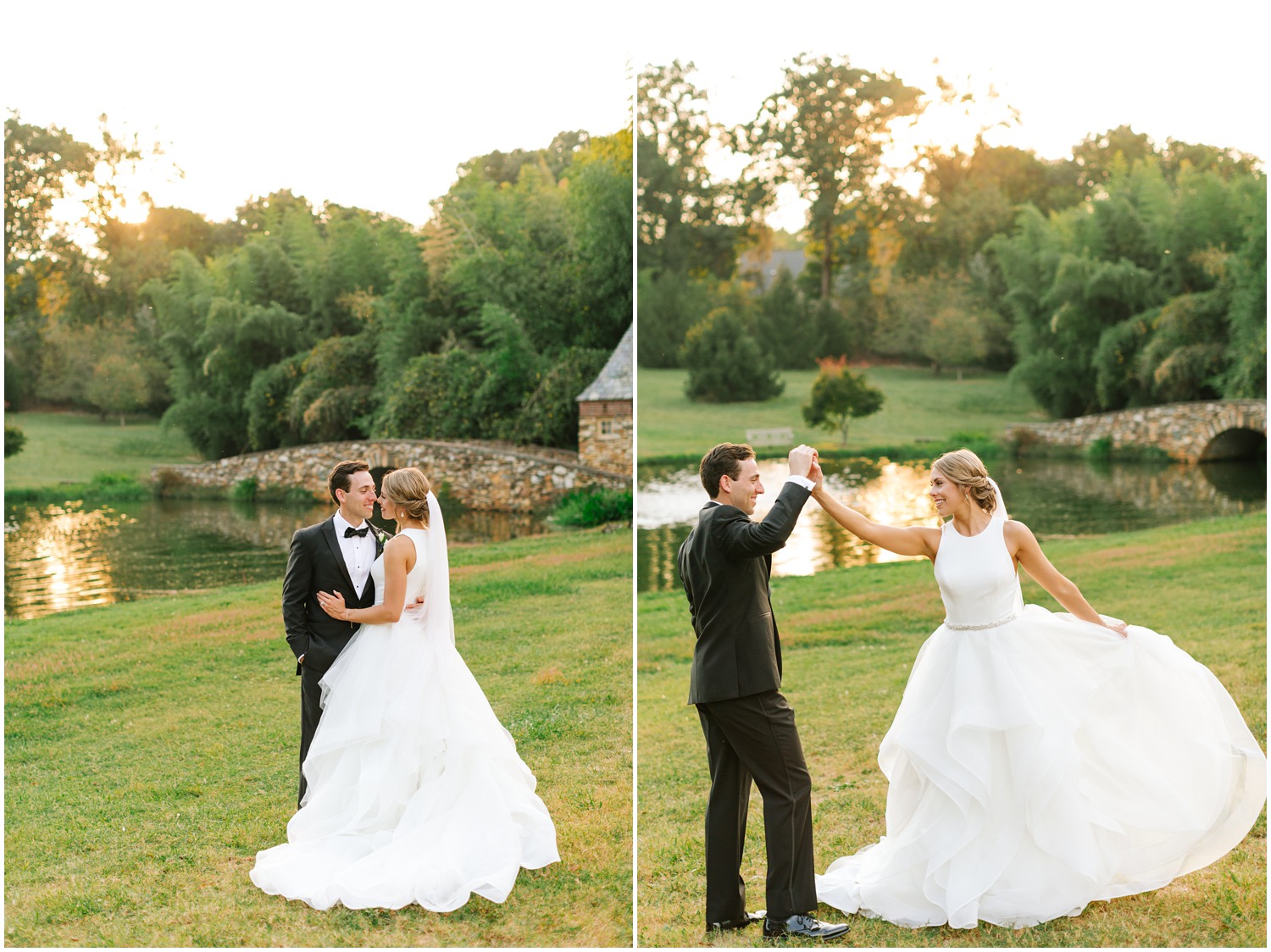 groom twirls bride by stone bridge at Graylyn Estate