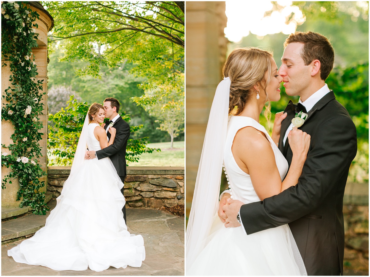 Graylyn Estate wedding portraits on stone patio with bride and groom