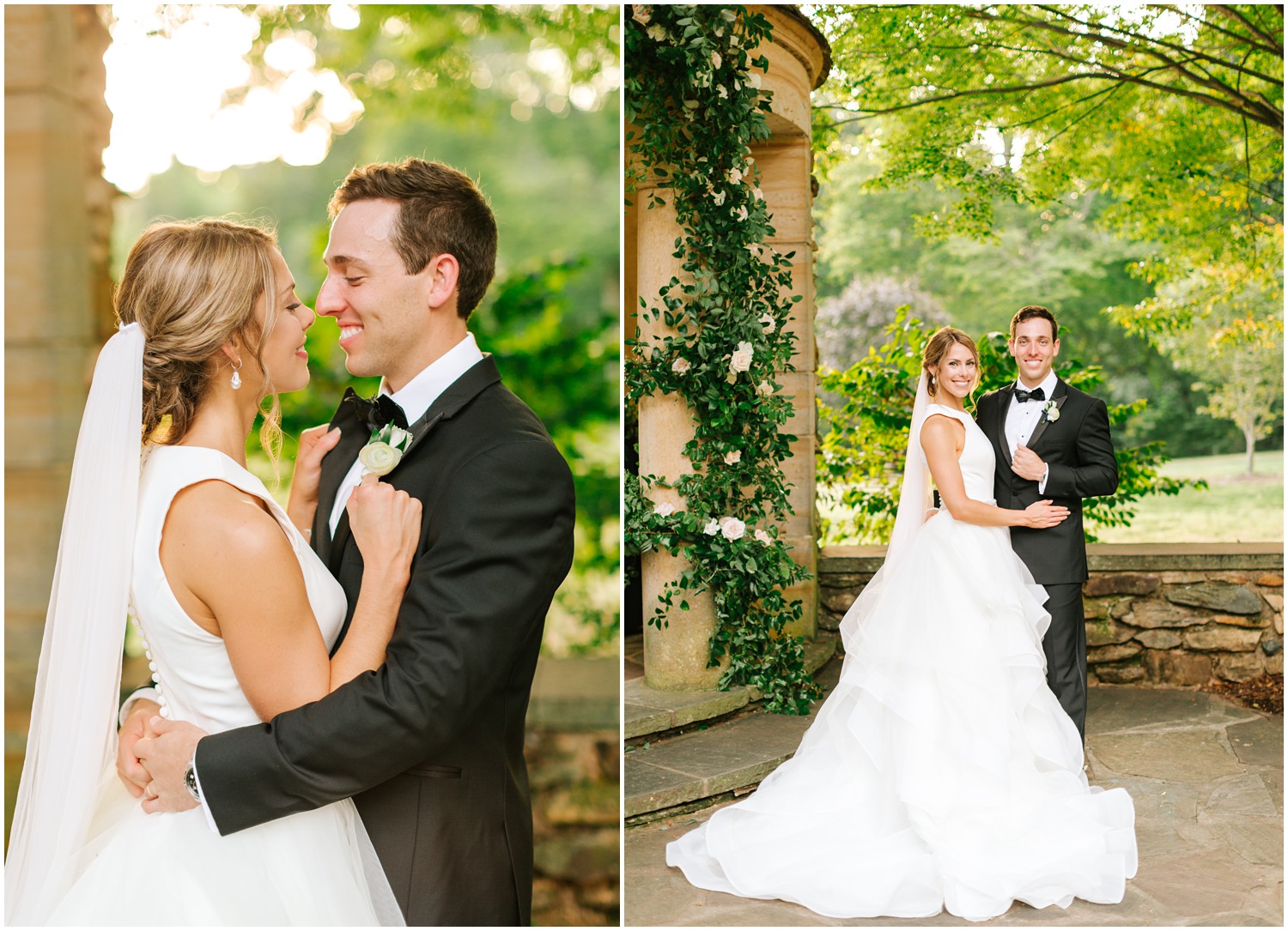 bride with veil and groom in black tux smile during portraits at Graylyn Estate