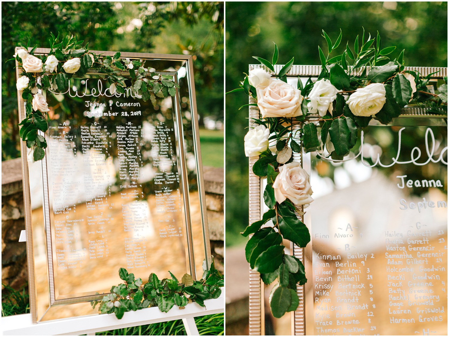 mirror sign with roses and greenery details at Graylyn Estate