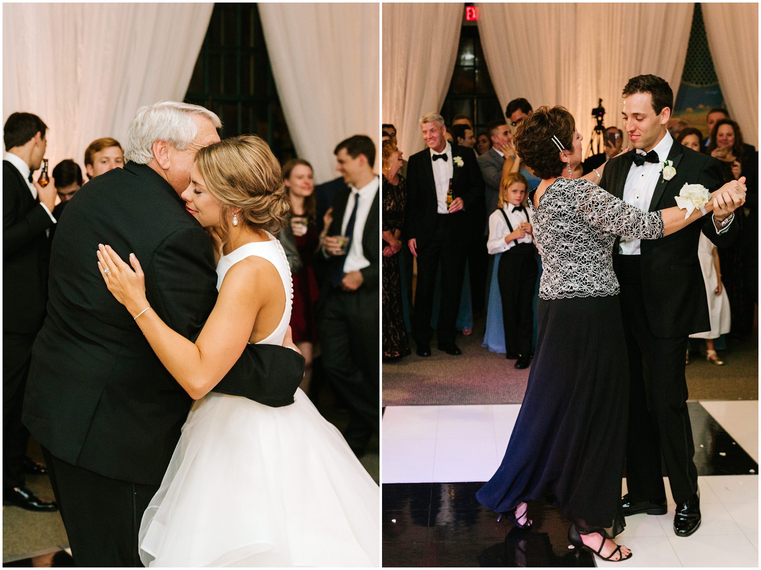emotional bride hugs father during dance at wedding reception at Graylyn Estate