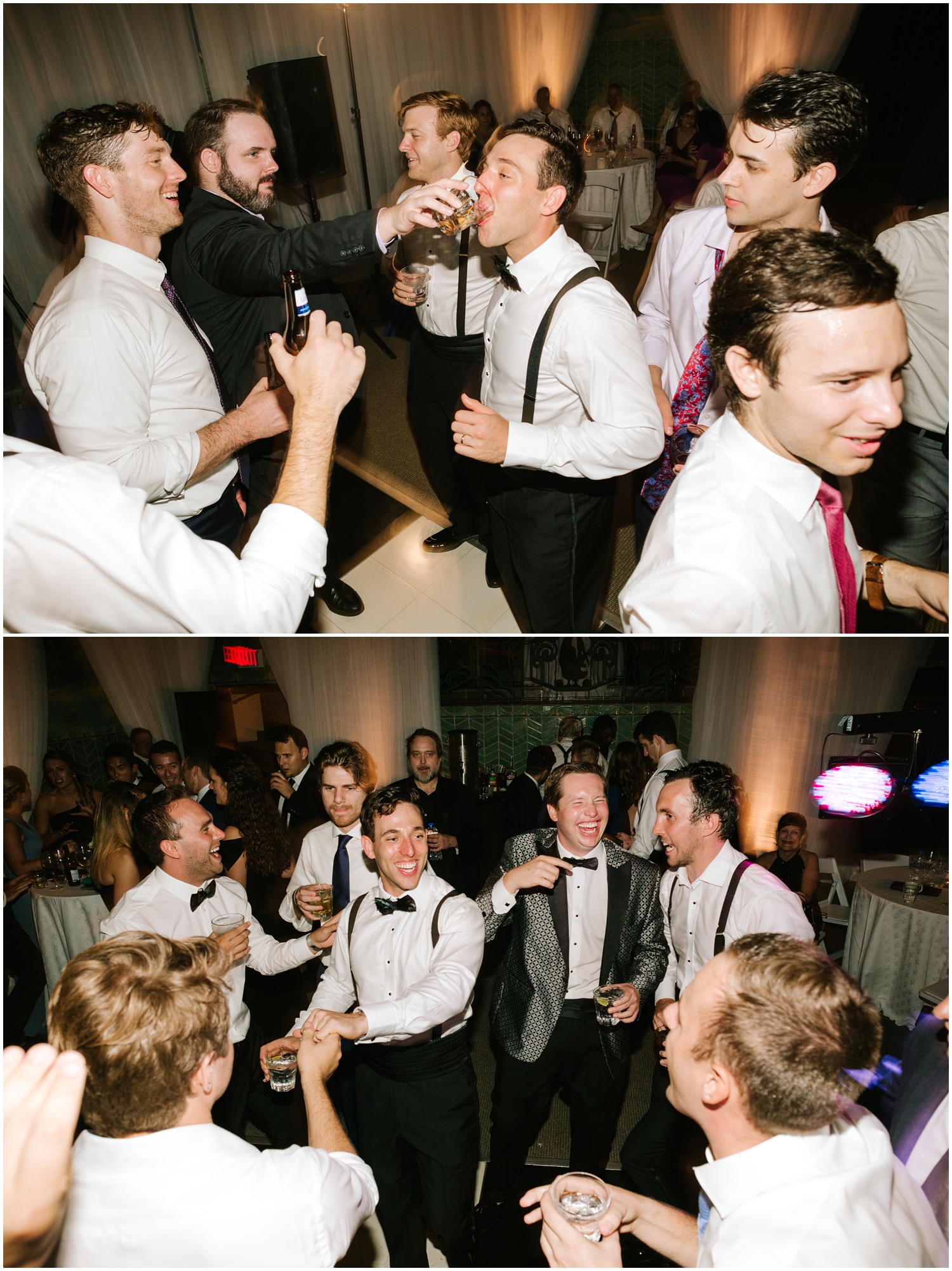 groomsmen give groom drinks and dance at Graylyn Estate wedding reception
