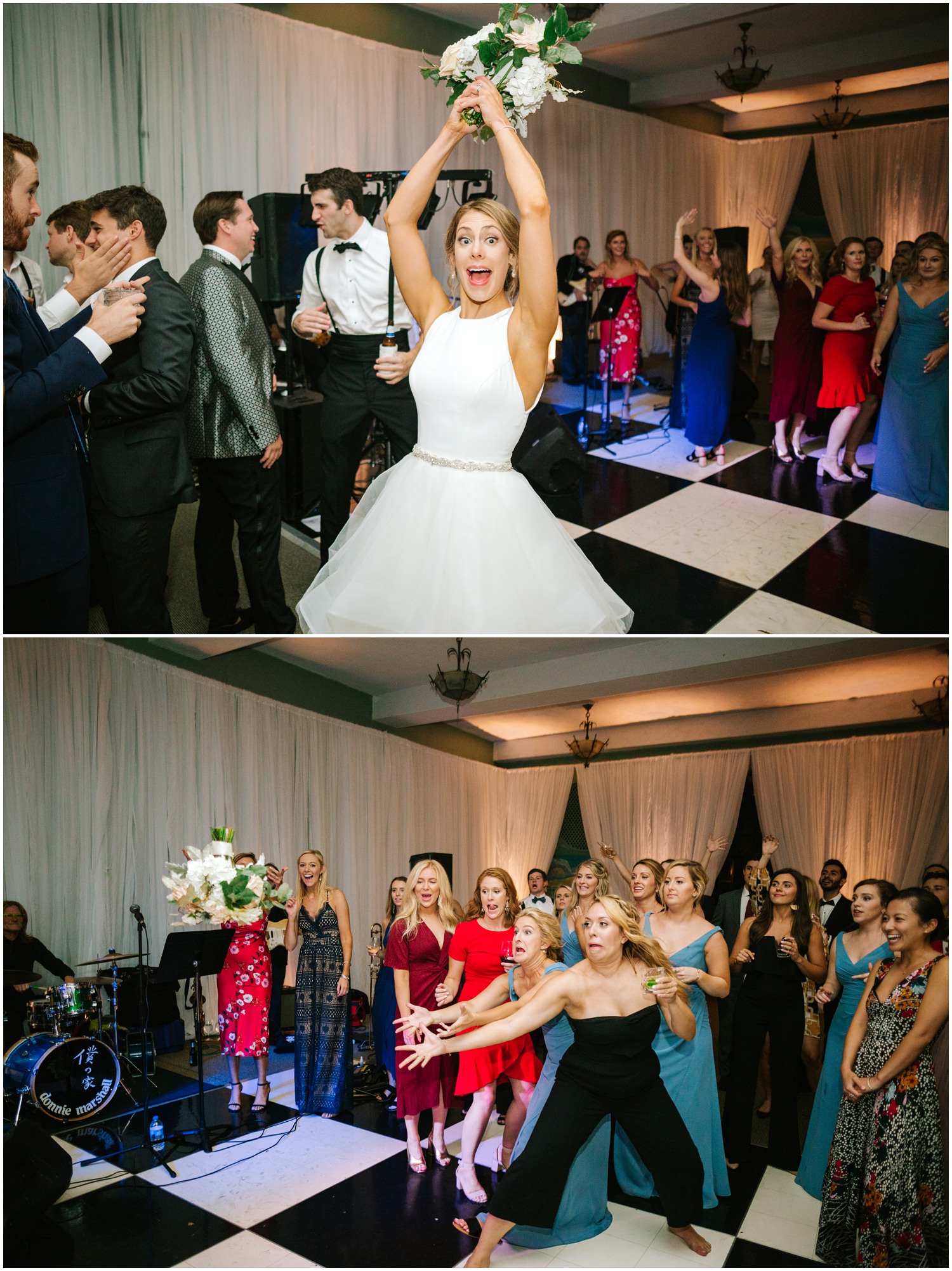 bride throws bouquet at Graylyn Estate wedding reception