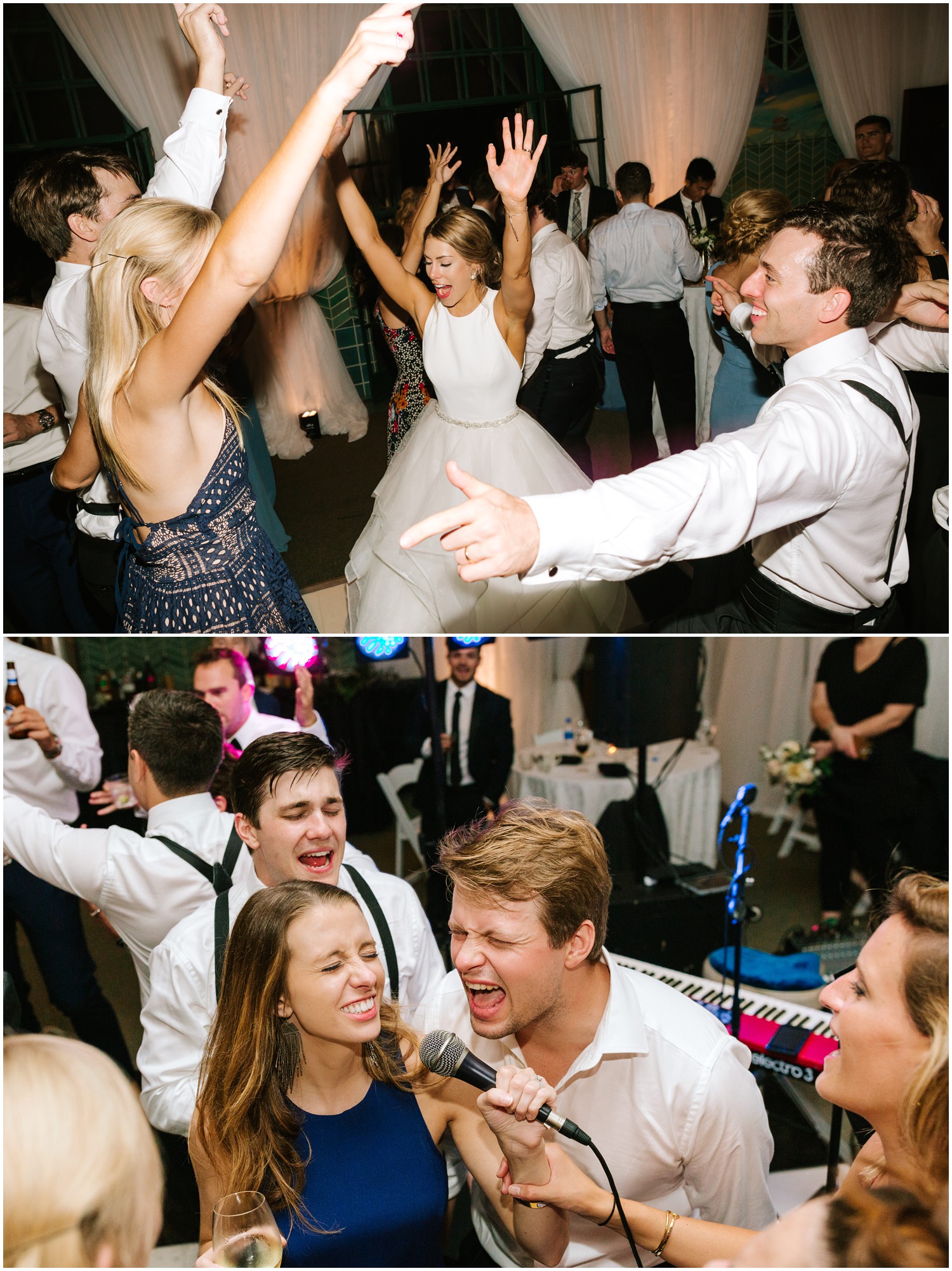 wedding guests sing with live band at Winston-Salem NC wedding reception