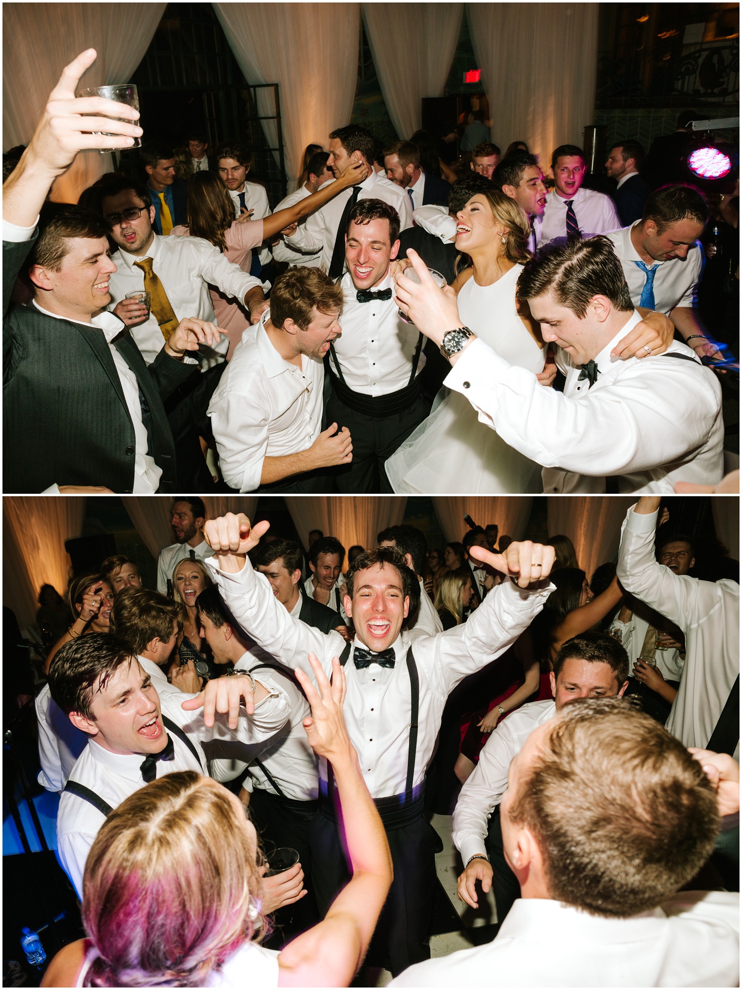 Groom dances with groomsmen in black suspenders during Graylyn Estate reception