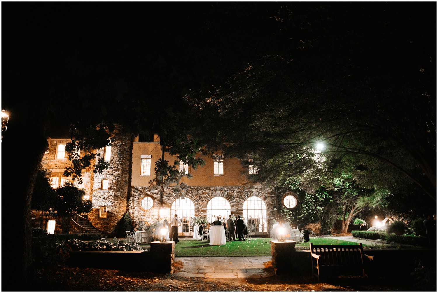 nighttime reception on patio at Graylyn Estate