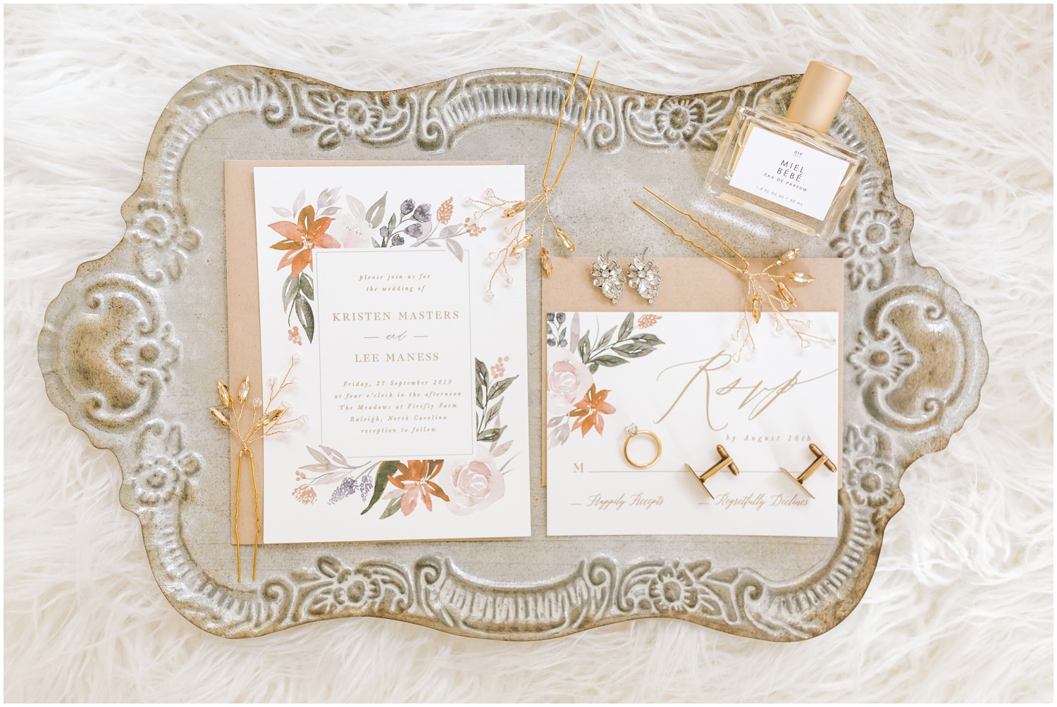 classic invitation suite for fall wedding at The Meadows Raleigh