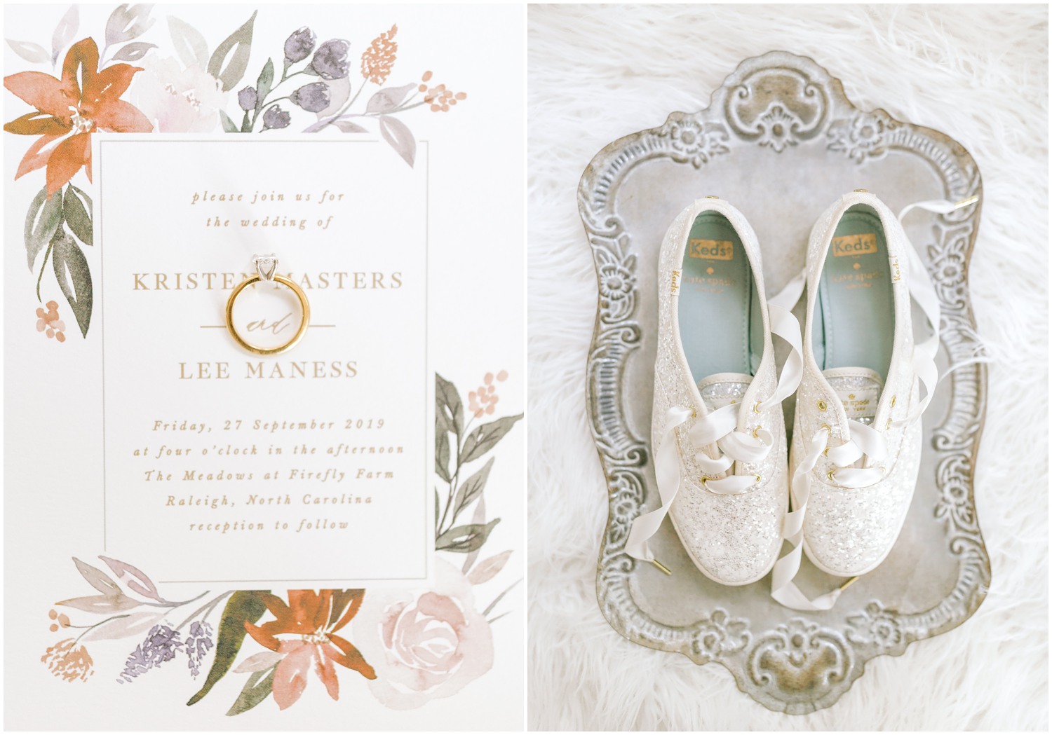 autumn wedding invitation and bride's tennis shoes