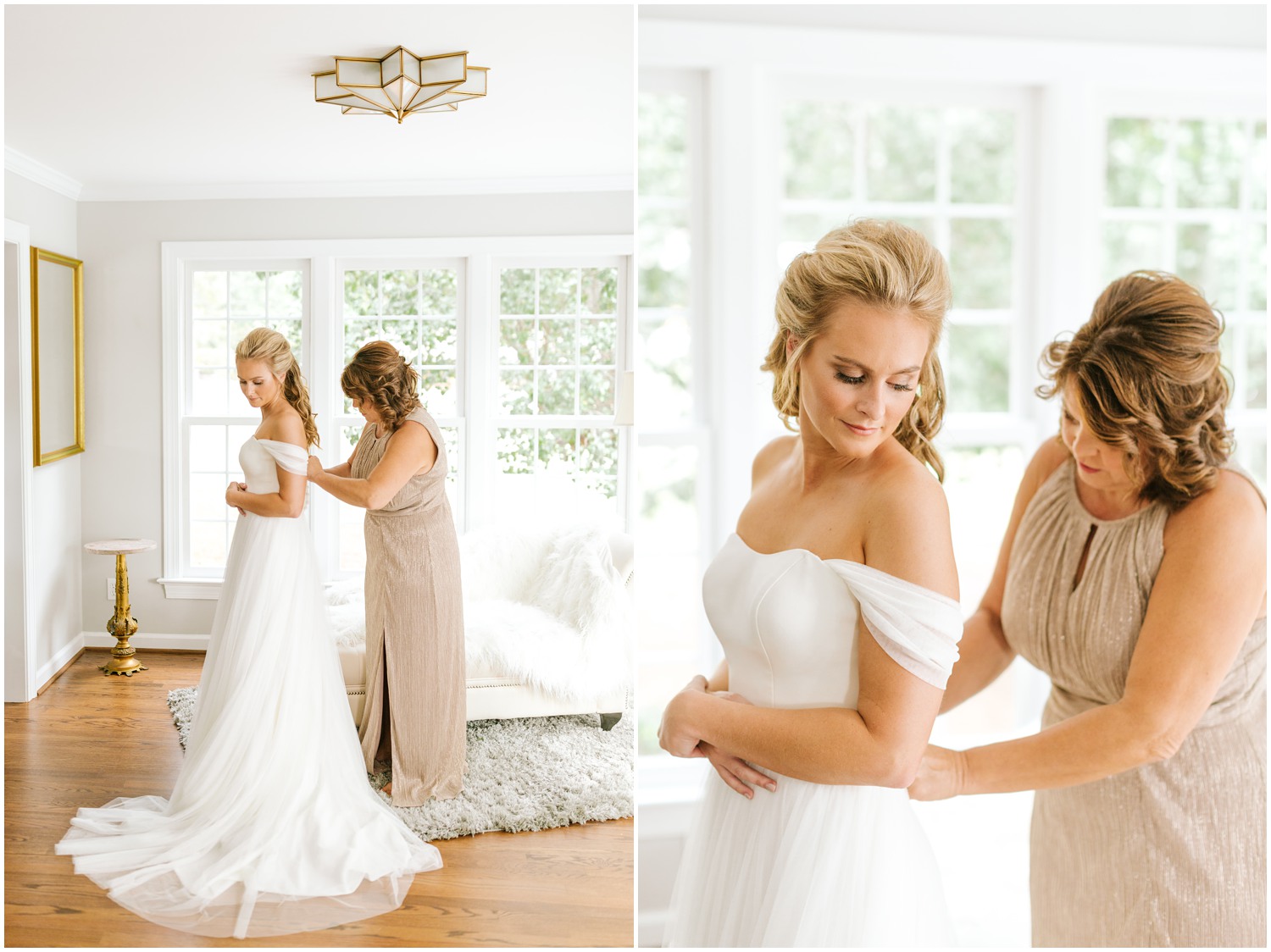 mom helps bride into wedding dress for The Meadows Raleigh wedding