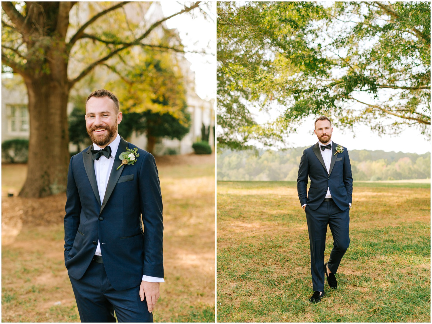 groom in navy suit with black lapels laughs at NC wedding photographer