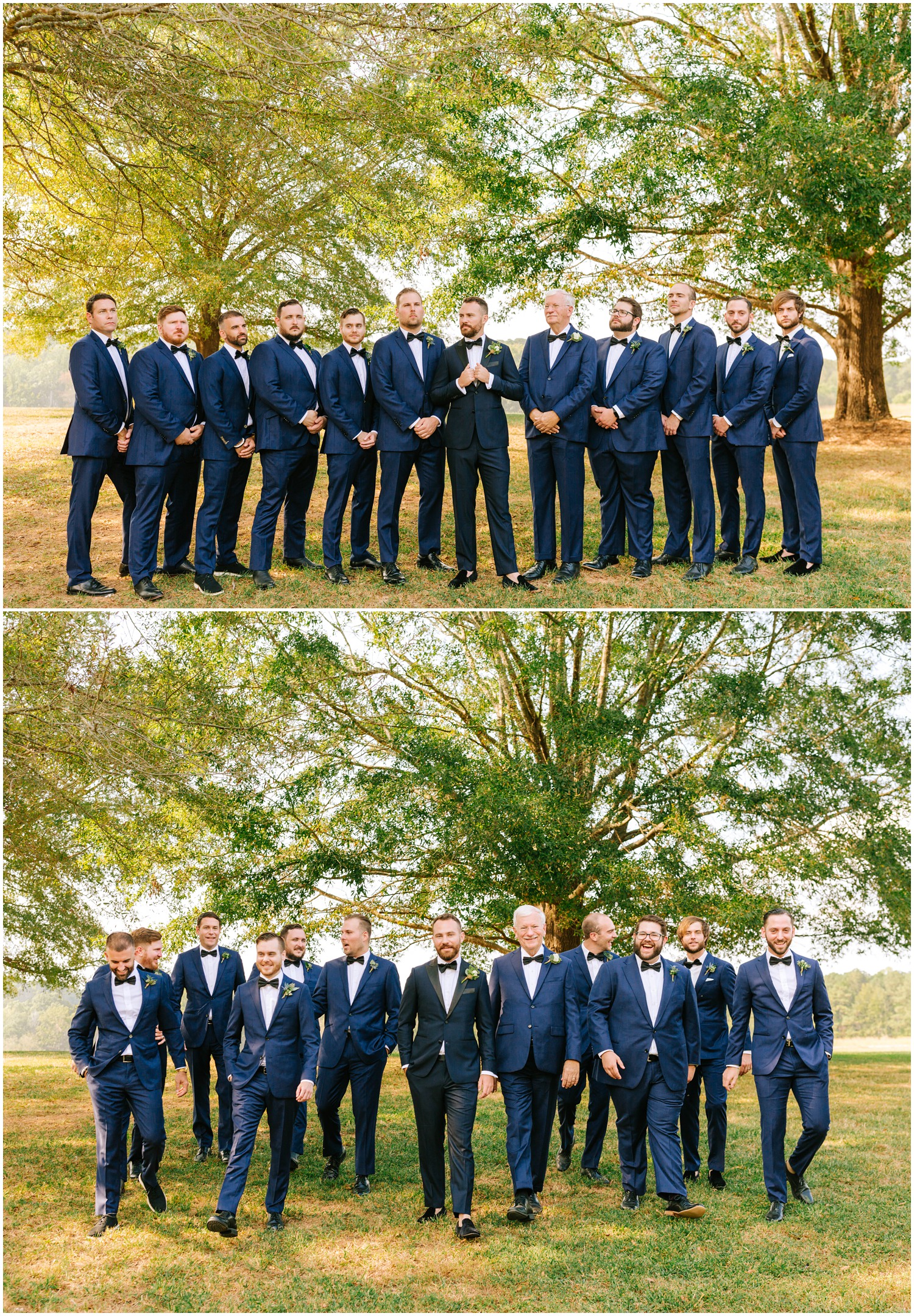 groom and groomsmen walk along field at The Meadows Raleigh