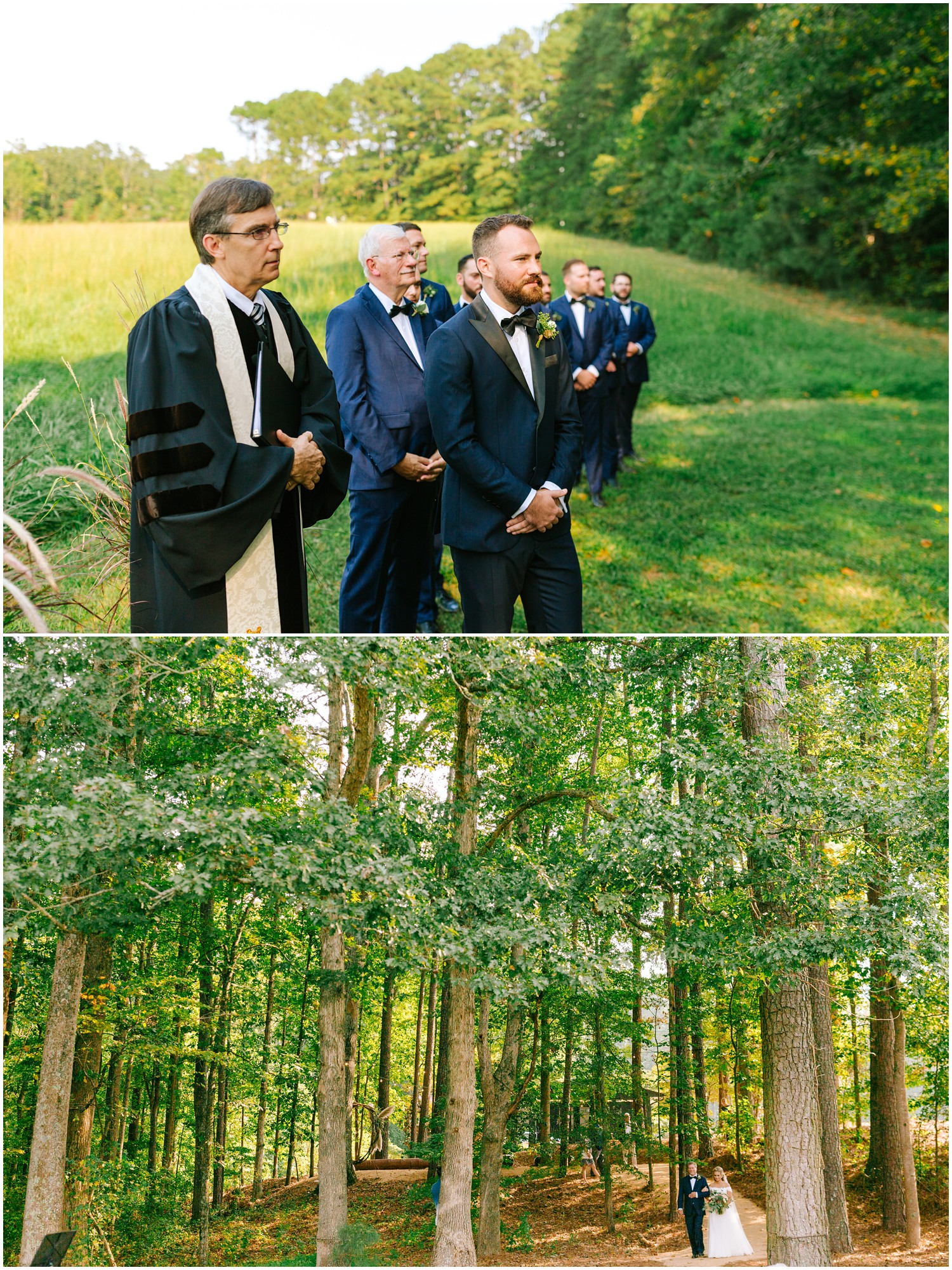 groom watches bride walk down the aisle before outdoor ceremony