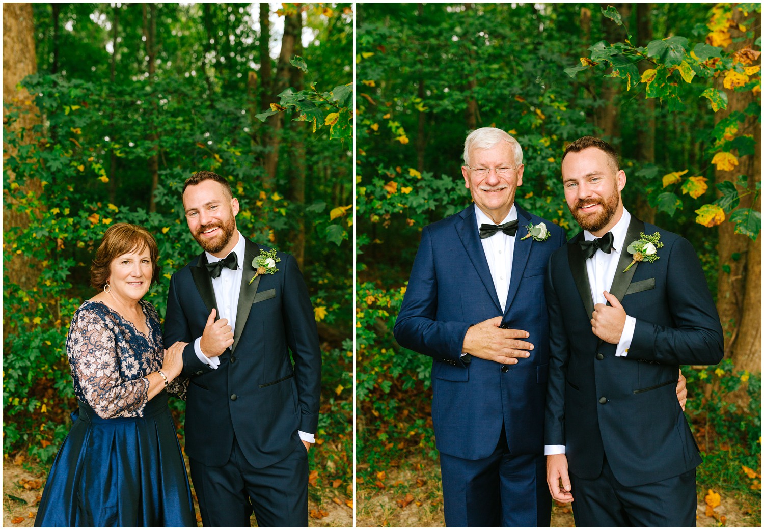 groom in navy suit poses with parents at The Meadows Raleigh
