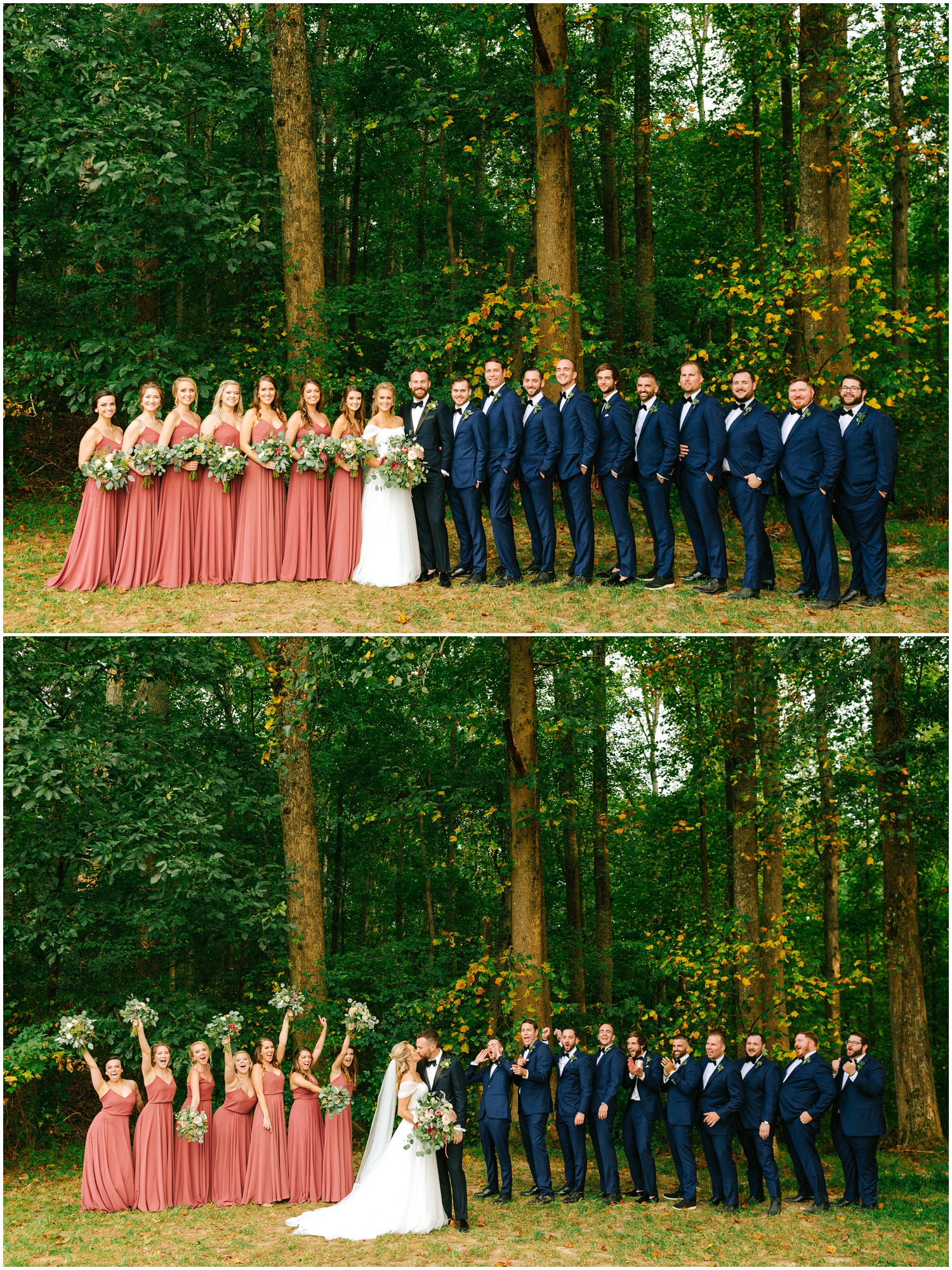 newlyweds with bridal party of 7 bridesmaids in coral gowns and 10 groomsmen in navy suits