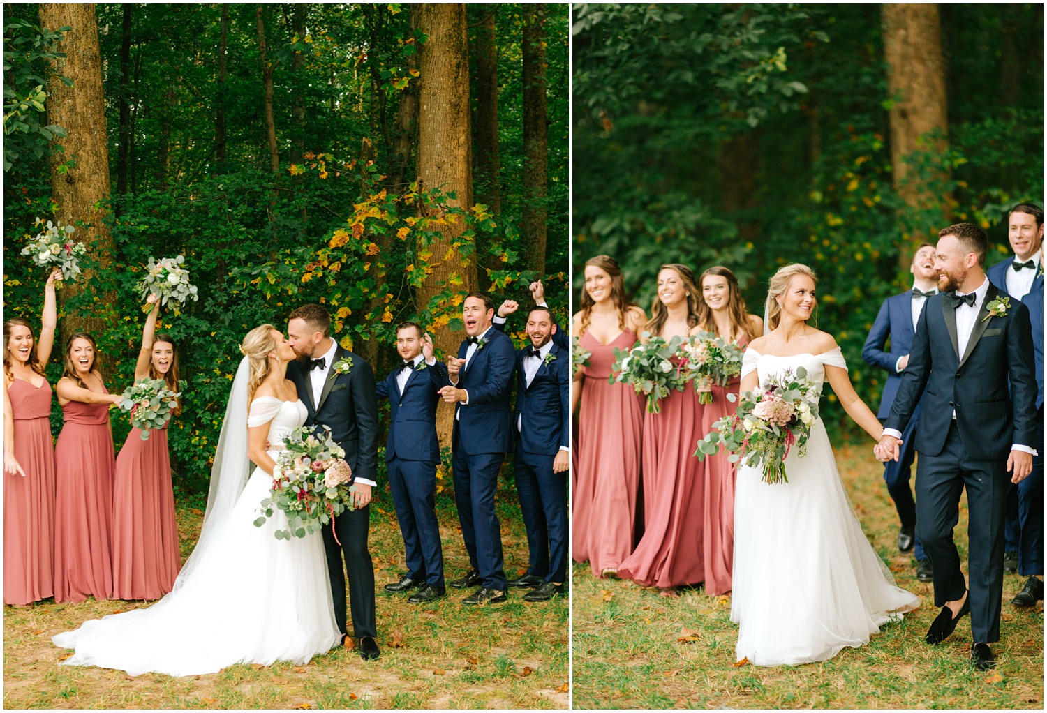 bridal party cheers while bride and groom kiss