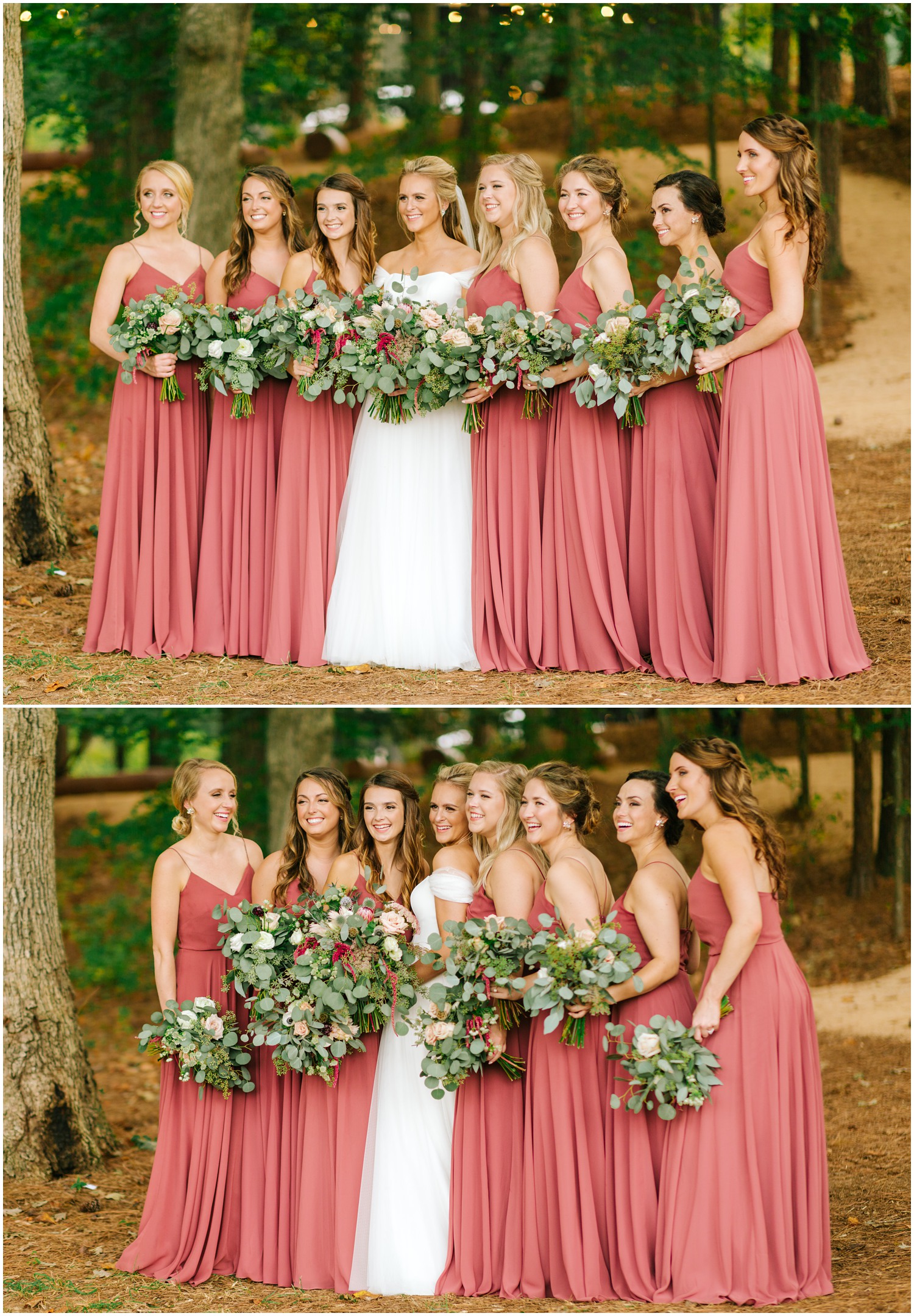 brides in coral gowns with bouquets of eucalyptus leaves smile for Chelsea Renay