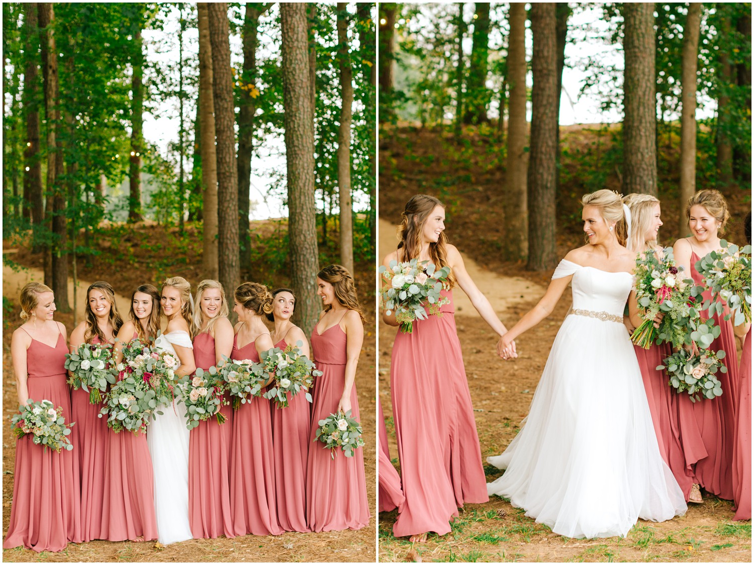 bride walks with bridesmaids in pink gowns