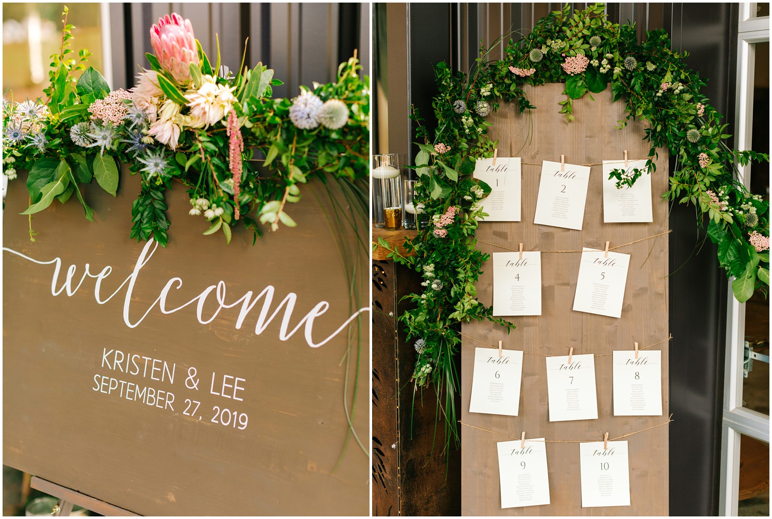 rustic seating chart for wedding reception at The Meadows Raleigh
