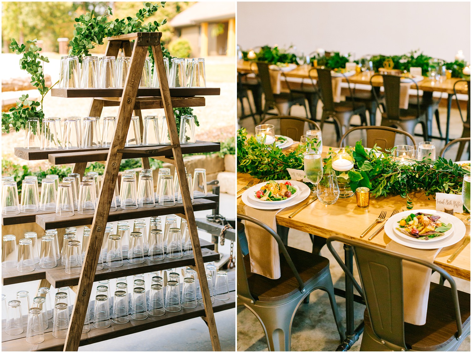 display of glasses and salads for guests at seats