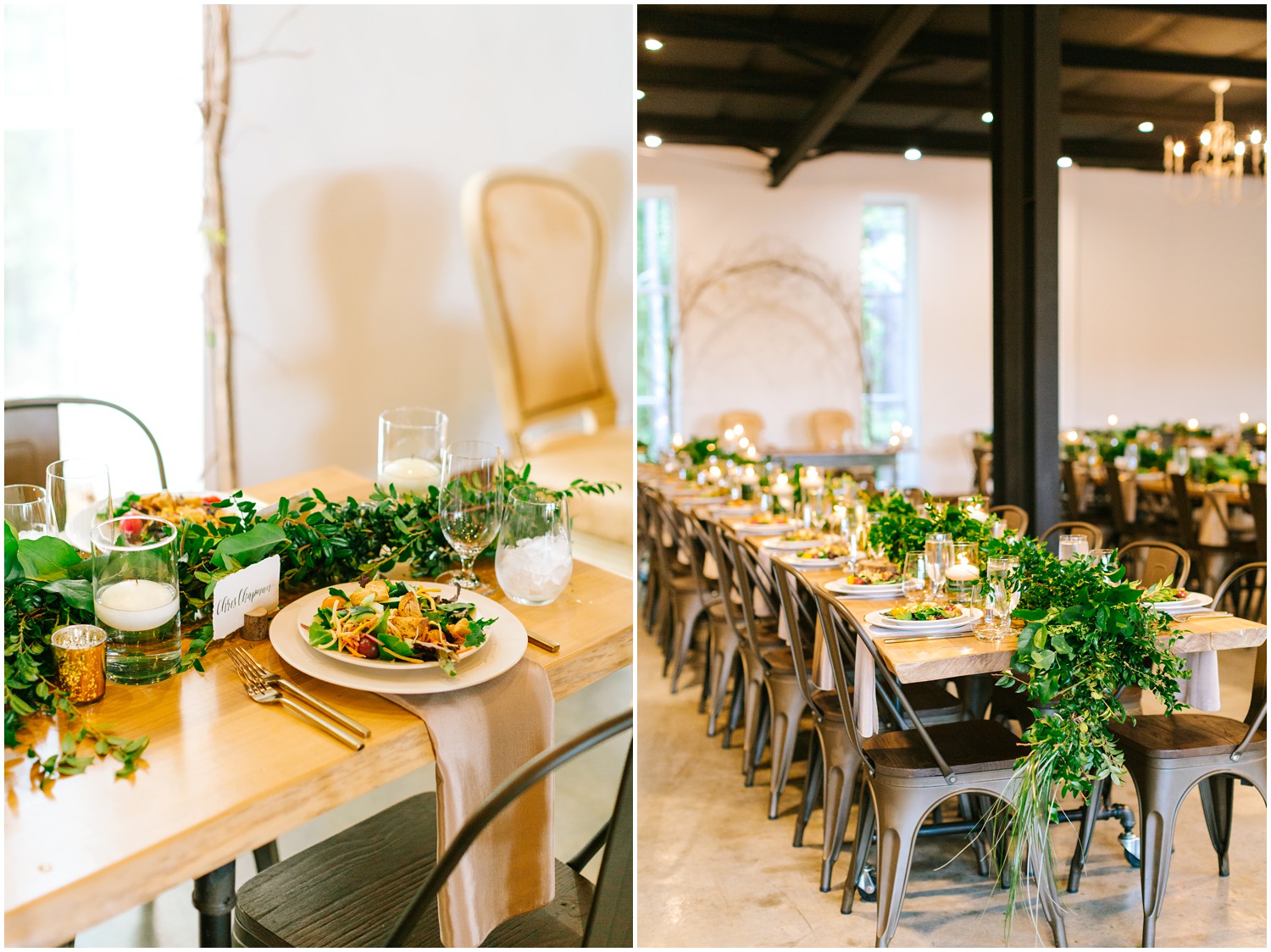 Raleigh NC wedding reception details with greenery draped along table