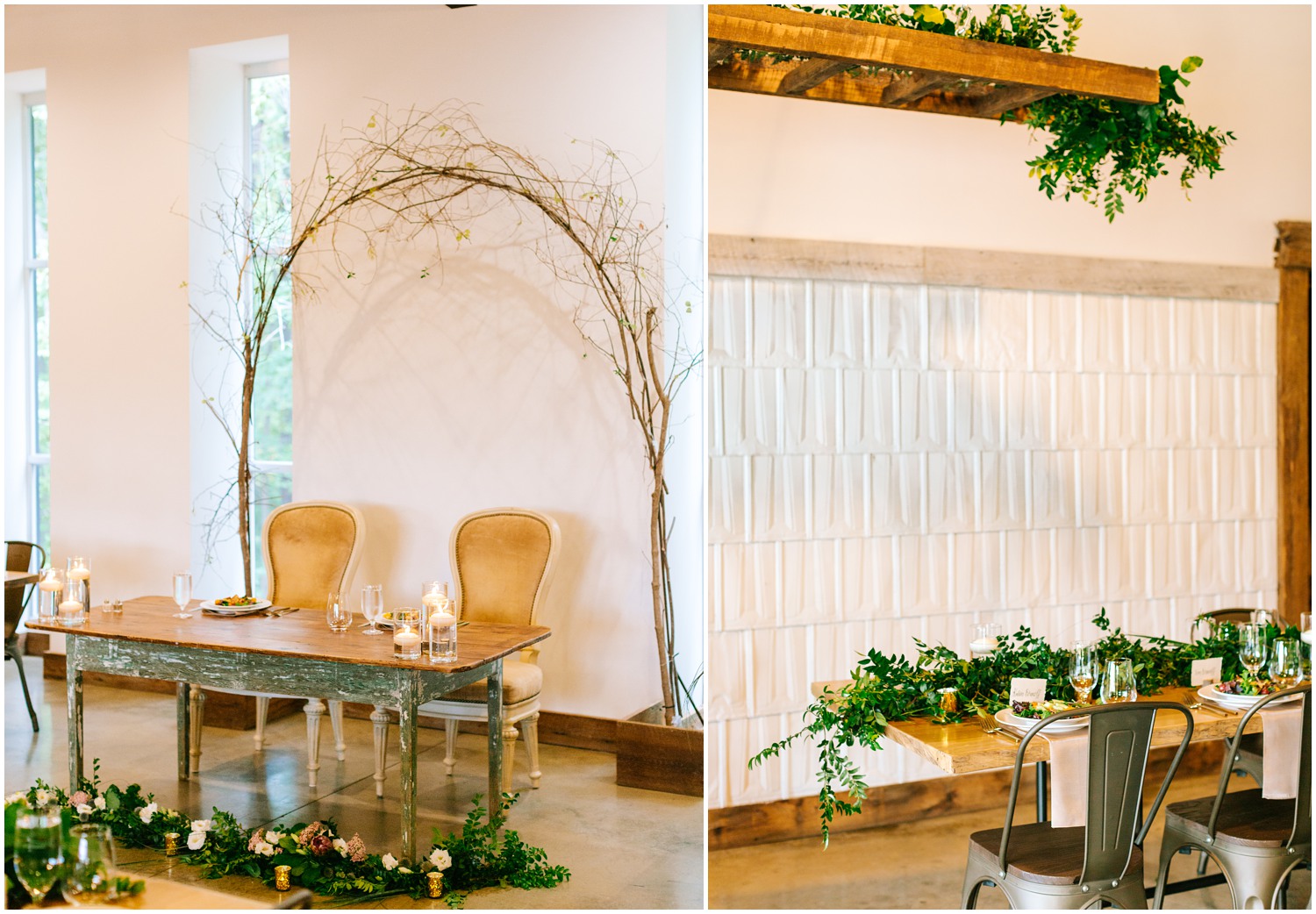 sweetheart table with rustic arch and guest table with greenery draped along middle