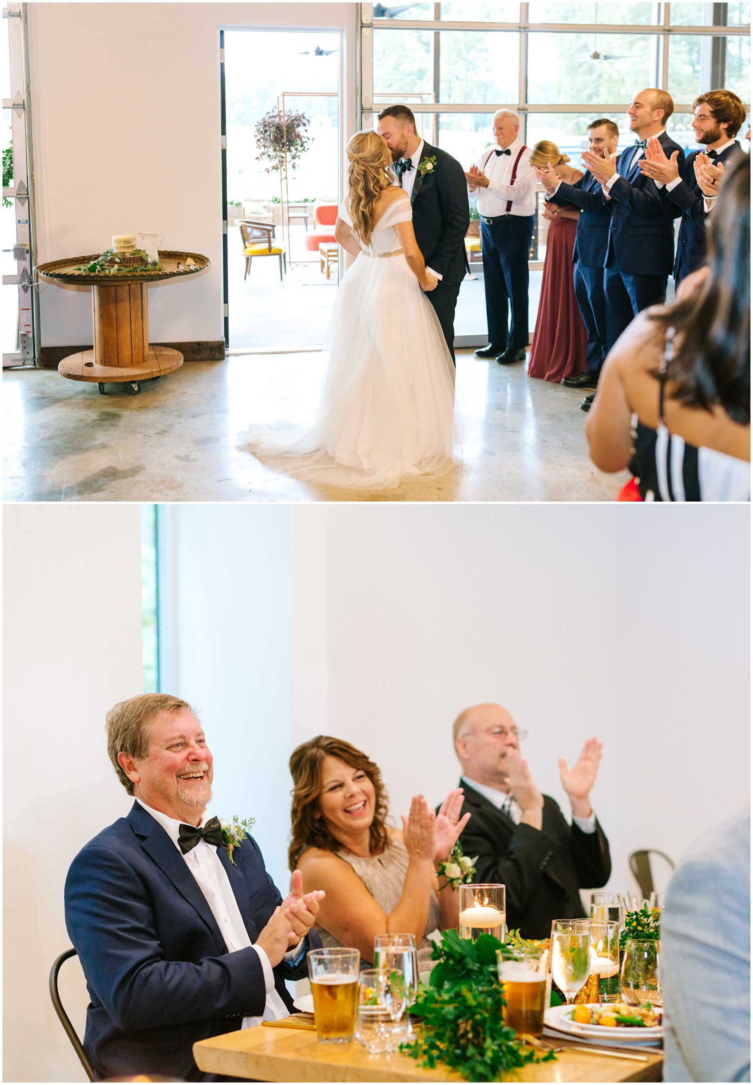 guests welcome newlyweds to The Meadows Raleigh wedding reception
