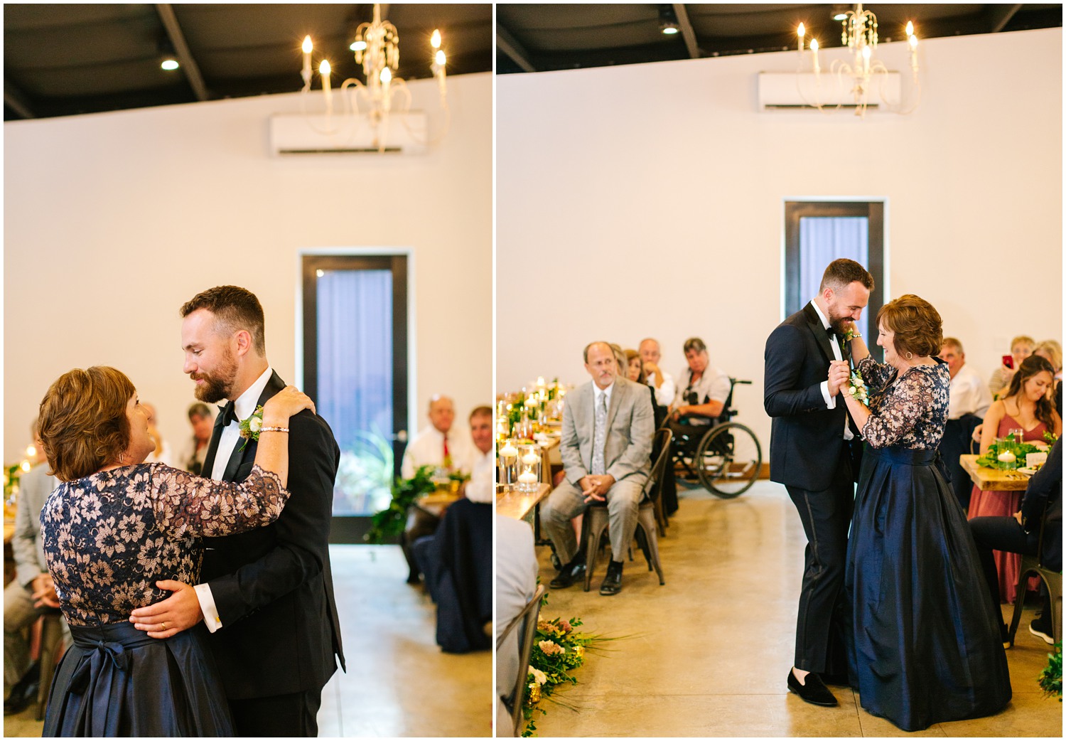 groom dances with mom during The Meadows Raleigh wedding reception