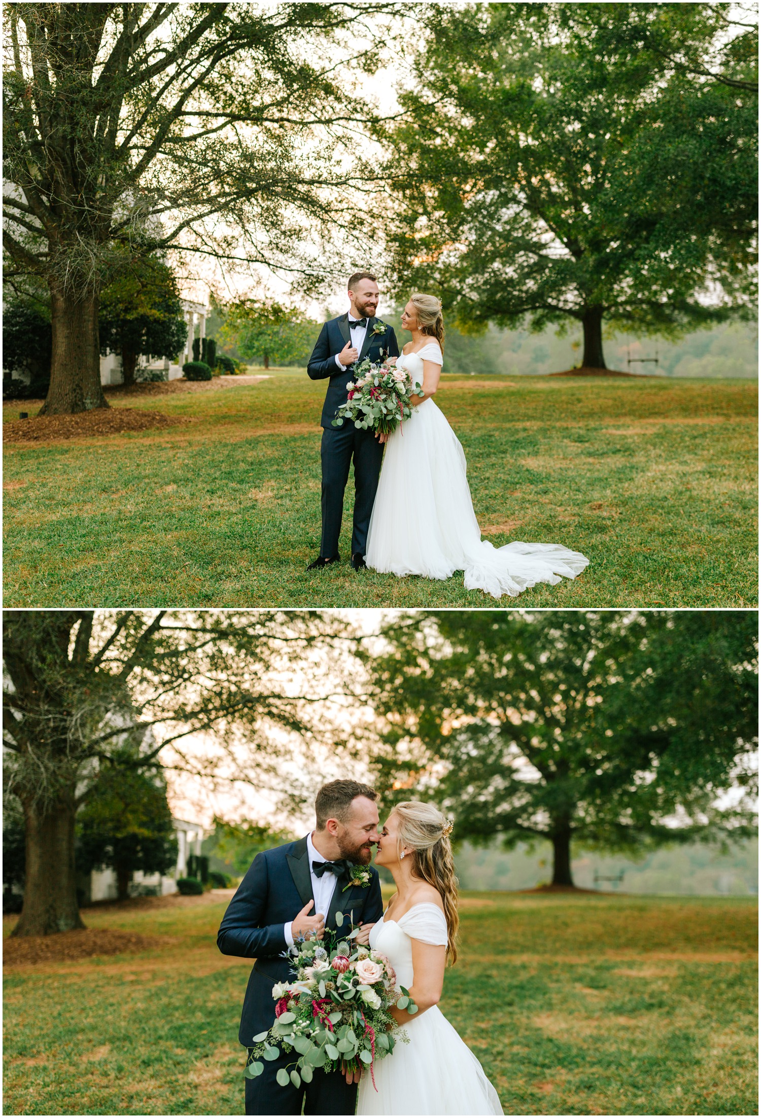 Raleigh NC wedding photos in field with groom in navy suit holding lapel