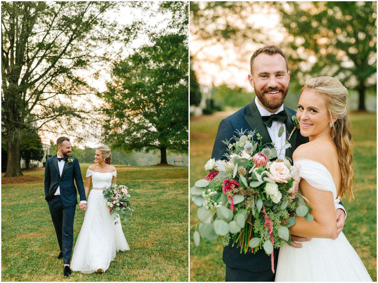 fall wedding portraits of bride and groom with green bouquet