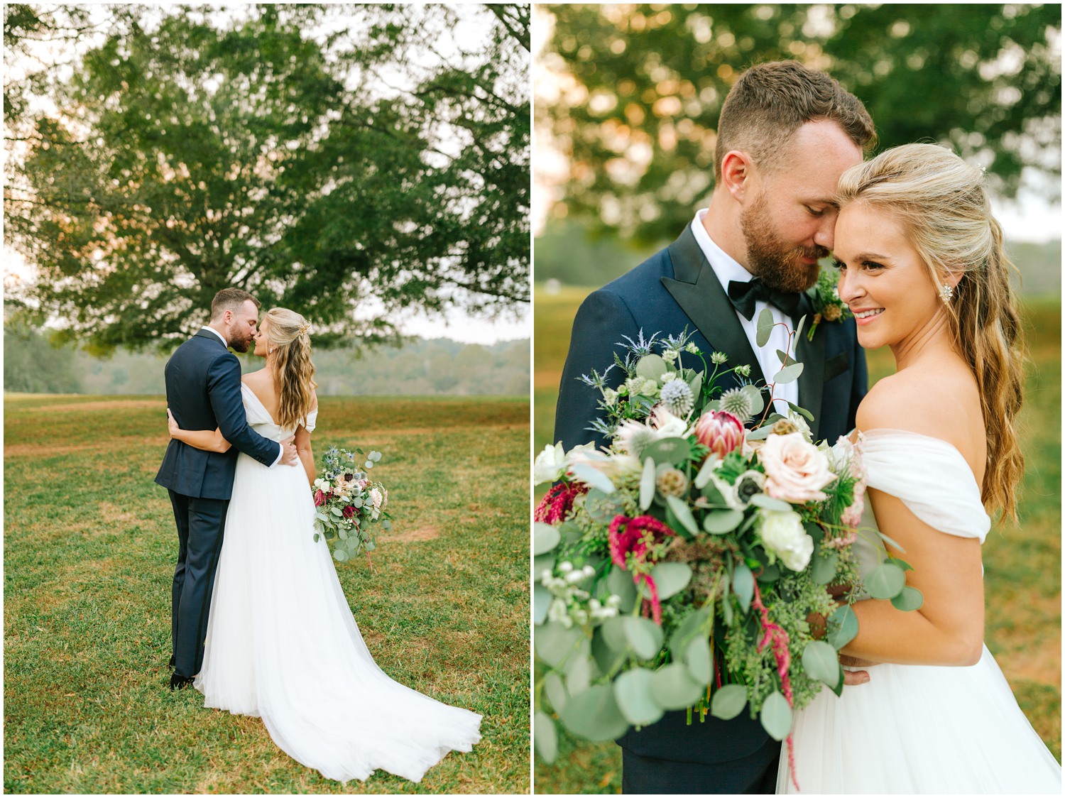 groom looks at bride with bouquet of green leaves and succulents during wedding photos