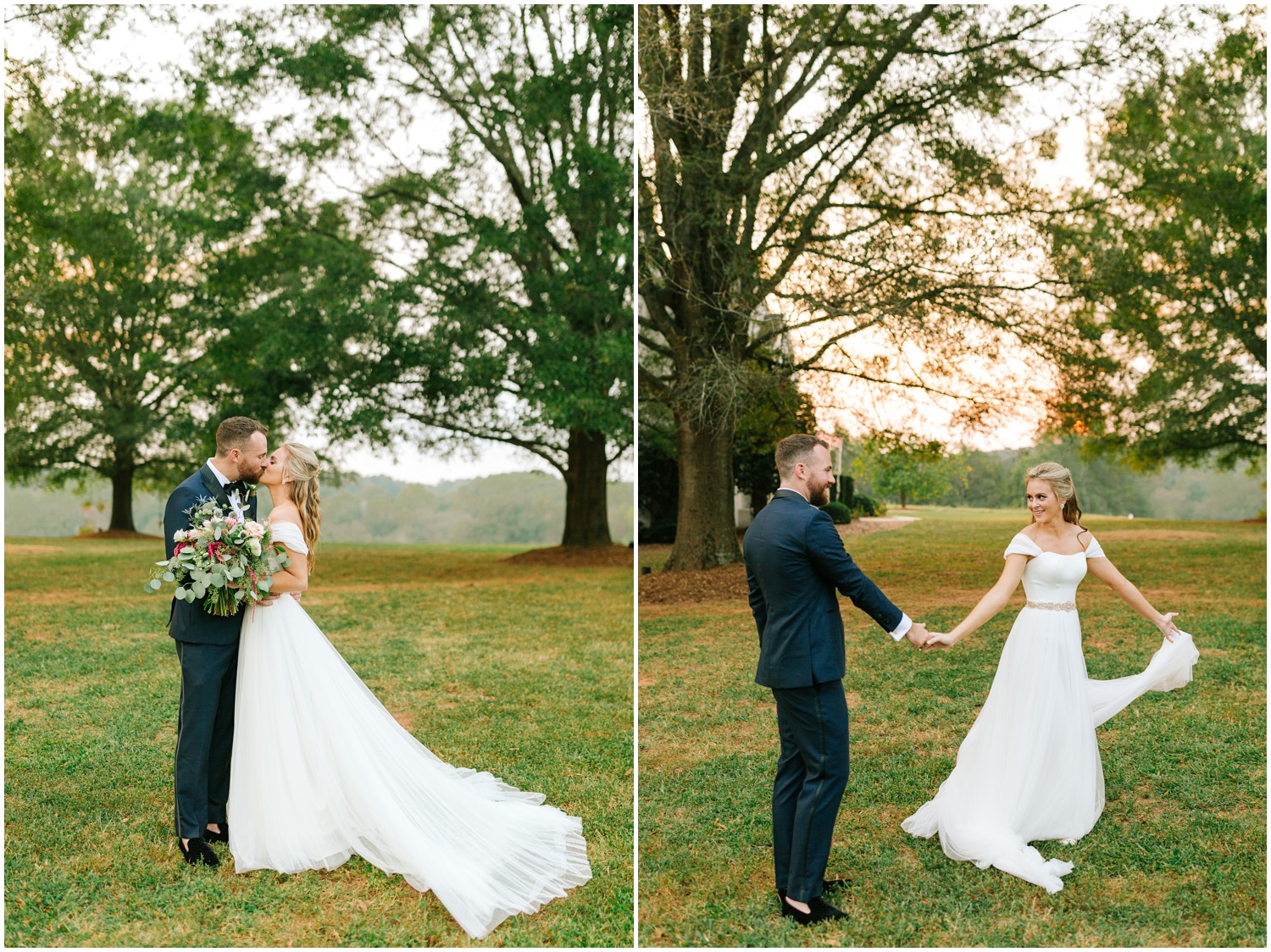 bride and groom dance at The Meadows Raleigh during sunset wedding photos