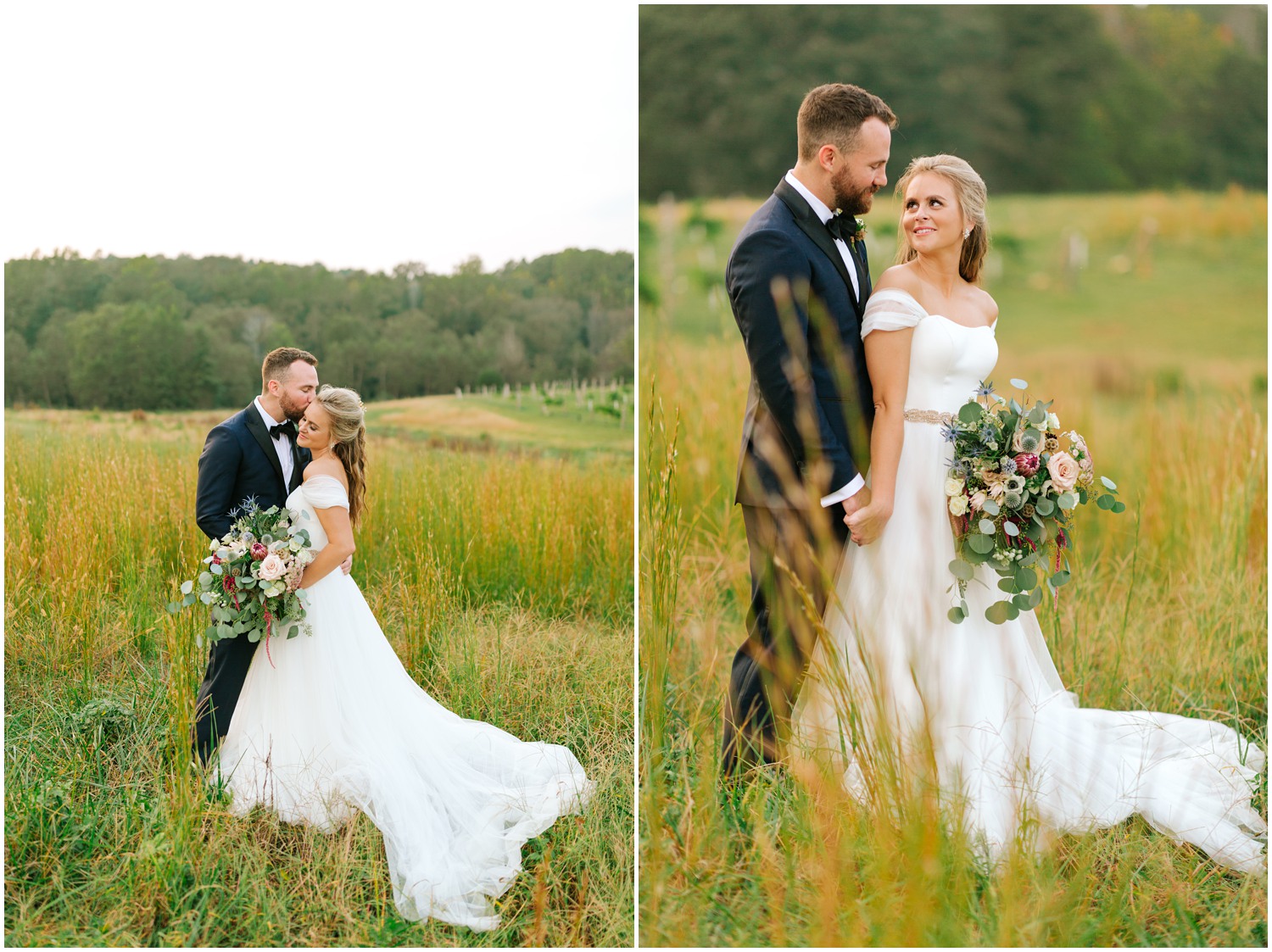 bride and groom hold hands standing in field at The Meadows Raleigh