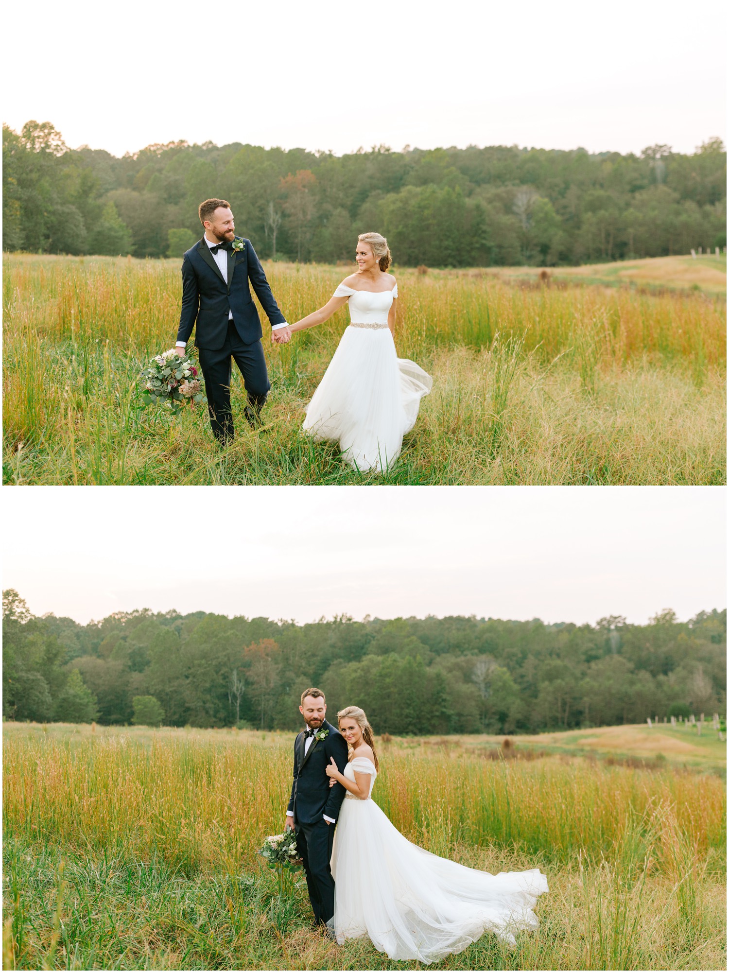 bride and groom walk through fields at The Meadows Raleigh