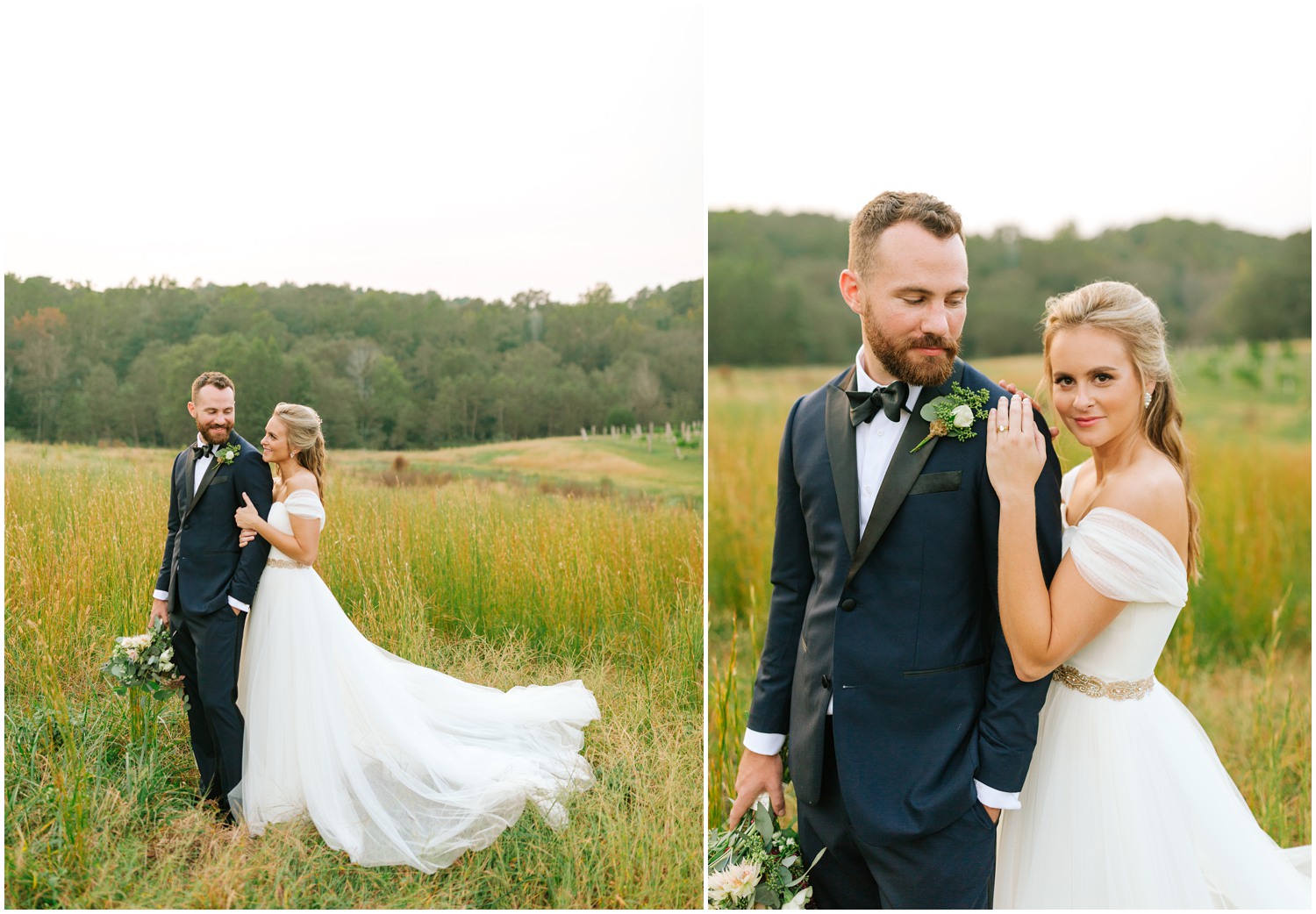 groom holds bride's bouquet while she stands behind him smiling